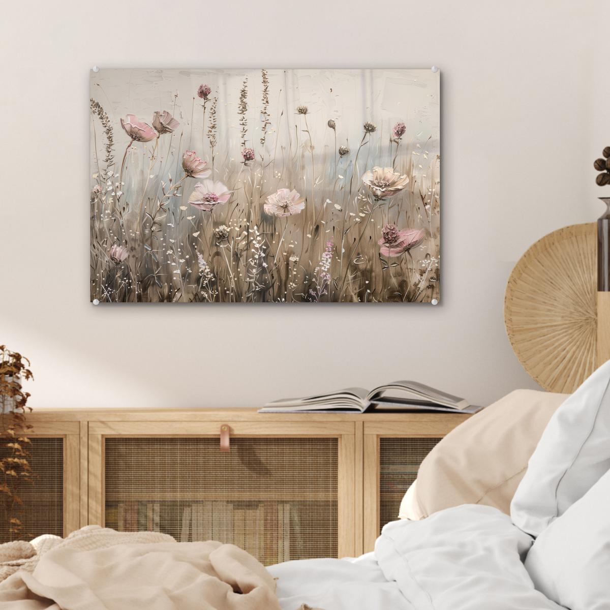 ACRYLGLASBILD Blumen - Rosa - Modern - Beige Wanddeko 60x40 cm - Beige, Glas (60/40cm) - MuchoWow