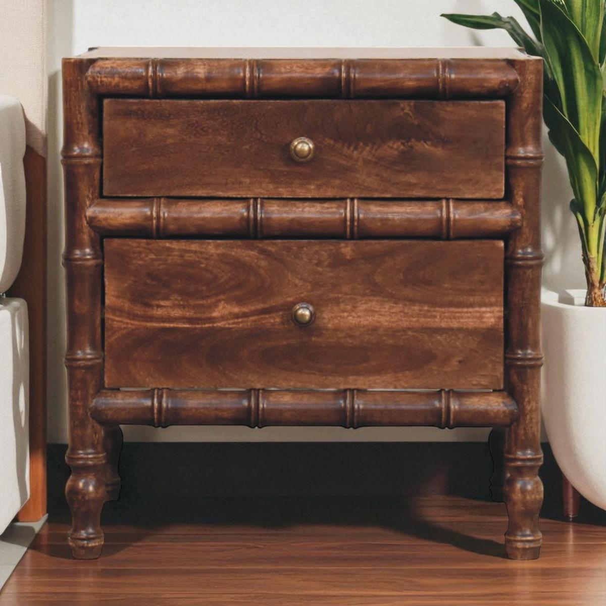 NACHTKASTEN Mit Geröstetem Mandel-Finish, 2 Schubladen, Dunkelbraun - Dunkelbraun/Messingfarben, Holz/Metall (55/58/40cm) - Artisan Furniture