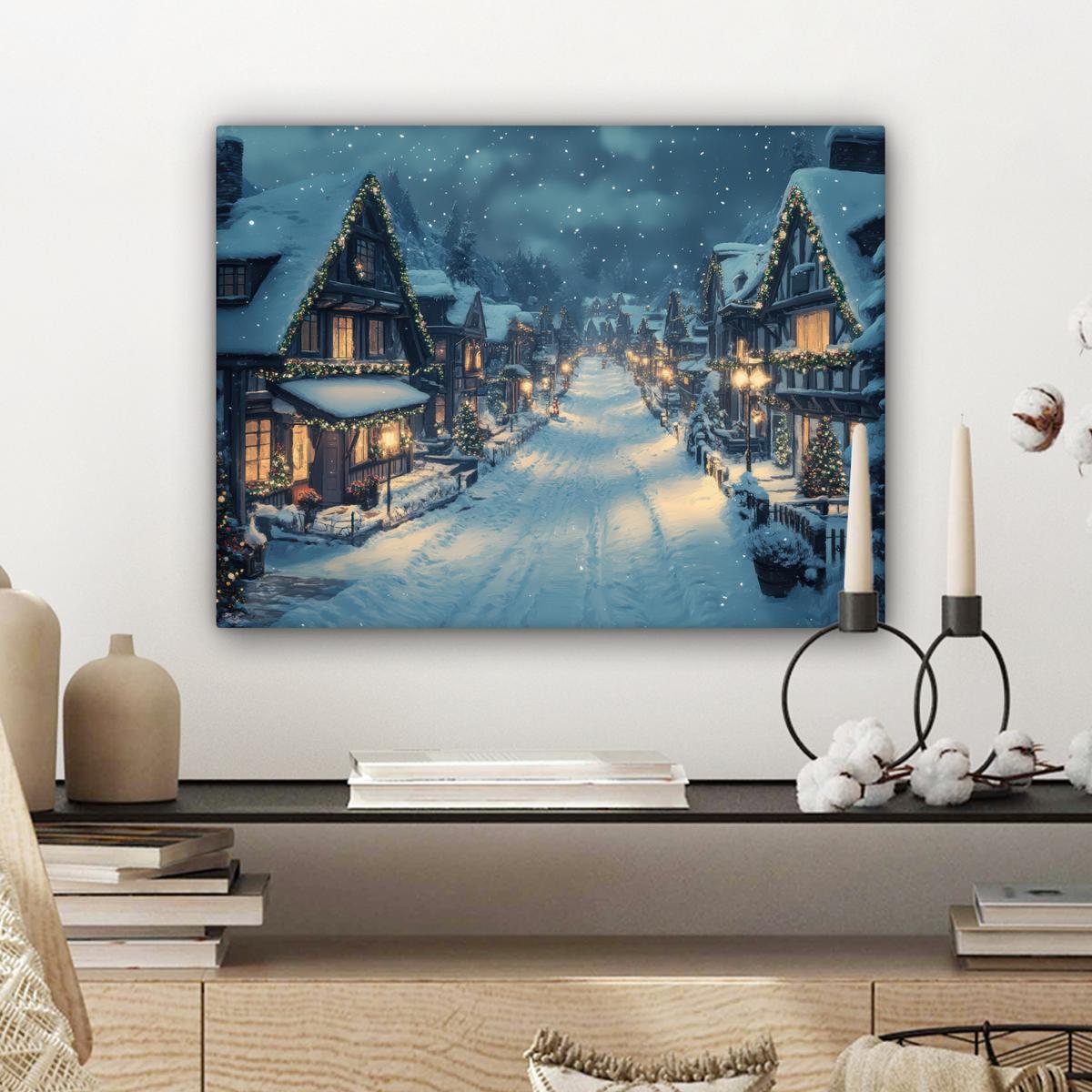 LEINWANDBILD Weihnachtsdorf - Weihnachten - Schnee - Winter Wandbild 40x30 cm - Dunkelblau, Textil (40/30cm) - MuchoWow