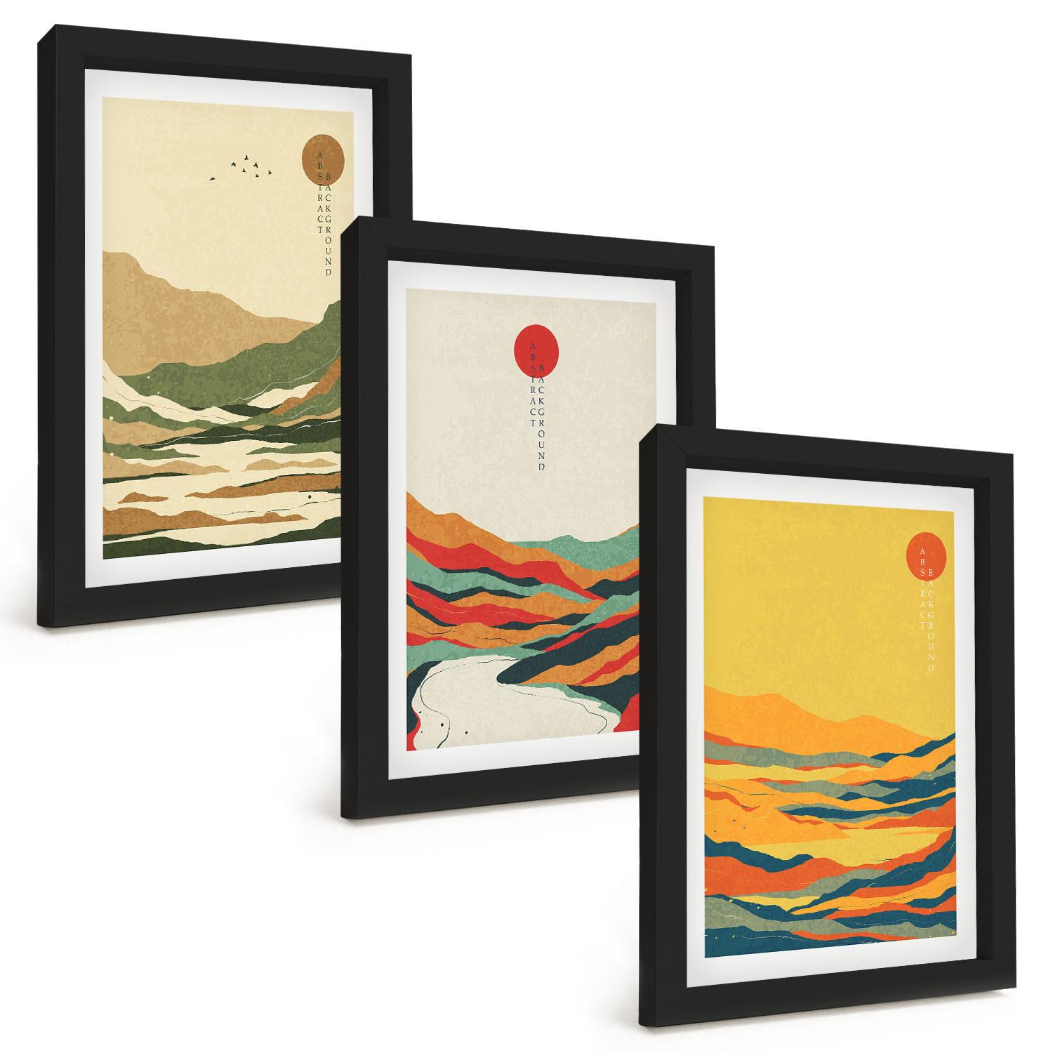 BILDER SET 3er Set - 20x30 cm Schwarzer Rahmen - Farbenfrohe Muster der Japandi-Flussberge - Schwarz, Kunststoff (20/30cm) - TULUP