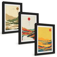 BILDER SET 3er Set - 20x30 cm Schwarzer Rahmen - Farbenfrohe Muster der Japandi-Flussberge - Schwarz, Kunststoff (20/30cm) - TULUP