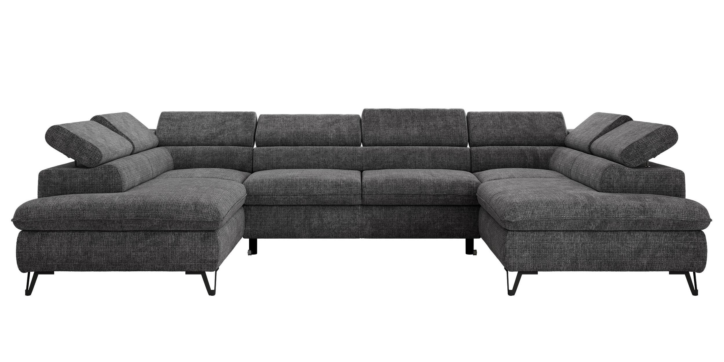 WOHNLANDSCHAFT PABLO U Schenille grob gewebt Grau mit Topper T25 - Schwarz/Grau, Textil/Metall (346/76/208cm) - MKS