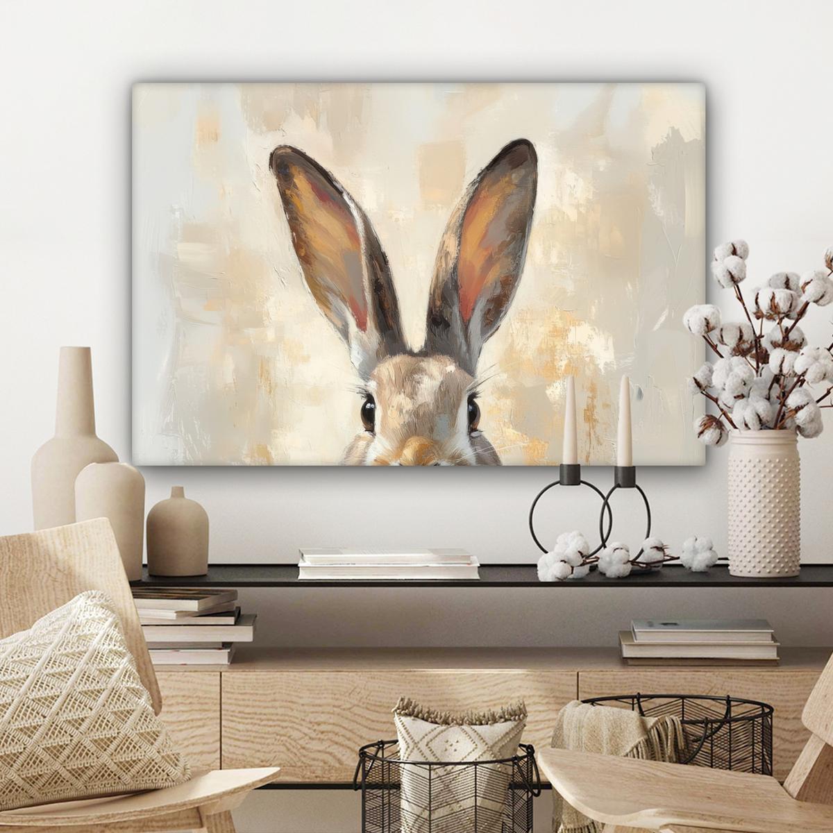 LEINWANDBILD Hase - Ohren - Braun Gemälde 60x40 cm - Beige, Textil (60/40cm) - MuchoWow