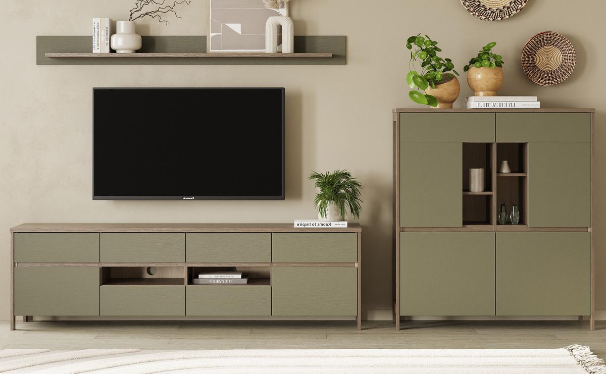 WOHNWAND Salbei grün, Eiche, Wohnkombination skandinavisch 3-teilig 319 cm, Soft-Close - Salbeigrün/Eichefarben, Glas/Holzwerkstoff (319/170/39cm) - Furn.Design