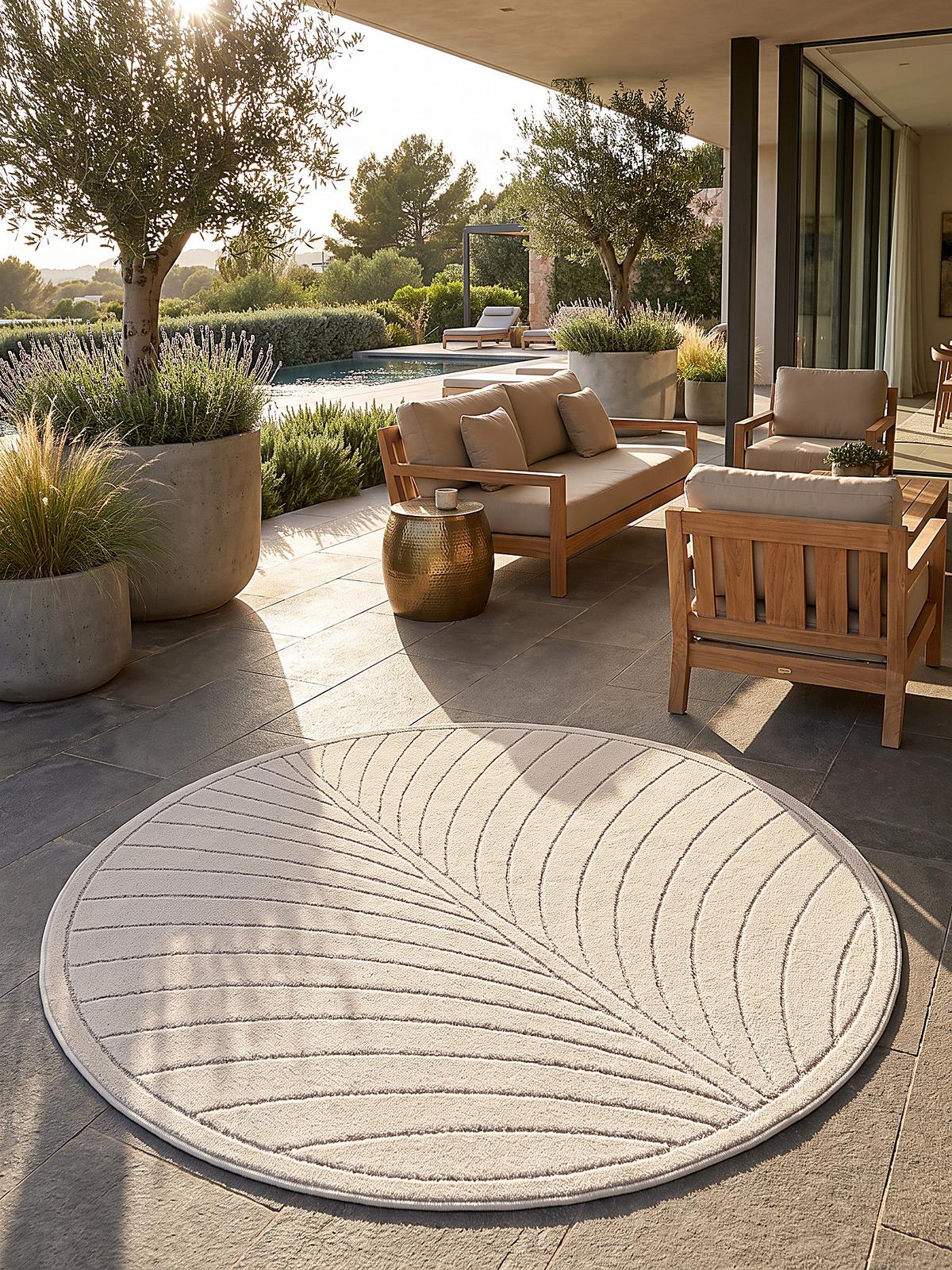 TEPPICH Outdoor, Fußbodenheizung-geeignet, mit Blattmotiv, aus Polypropylen, ENGADIN in Creme, Ø 200 cm - Beige, Textil (200/200cm) - KADIMA DESIGN