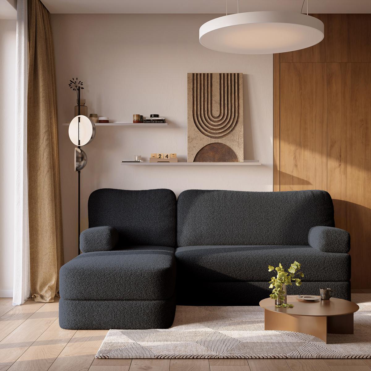 ECKSOFA SABI modulares Boneless Sofa mit Schlaffunktion Schwarz Boucle-Stoff - Schwarz, Textil (200/120cm) - MASSENO