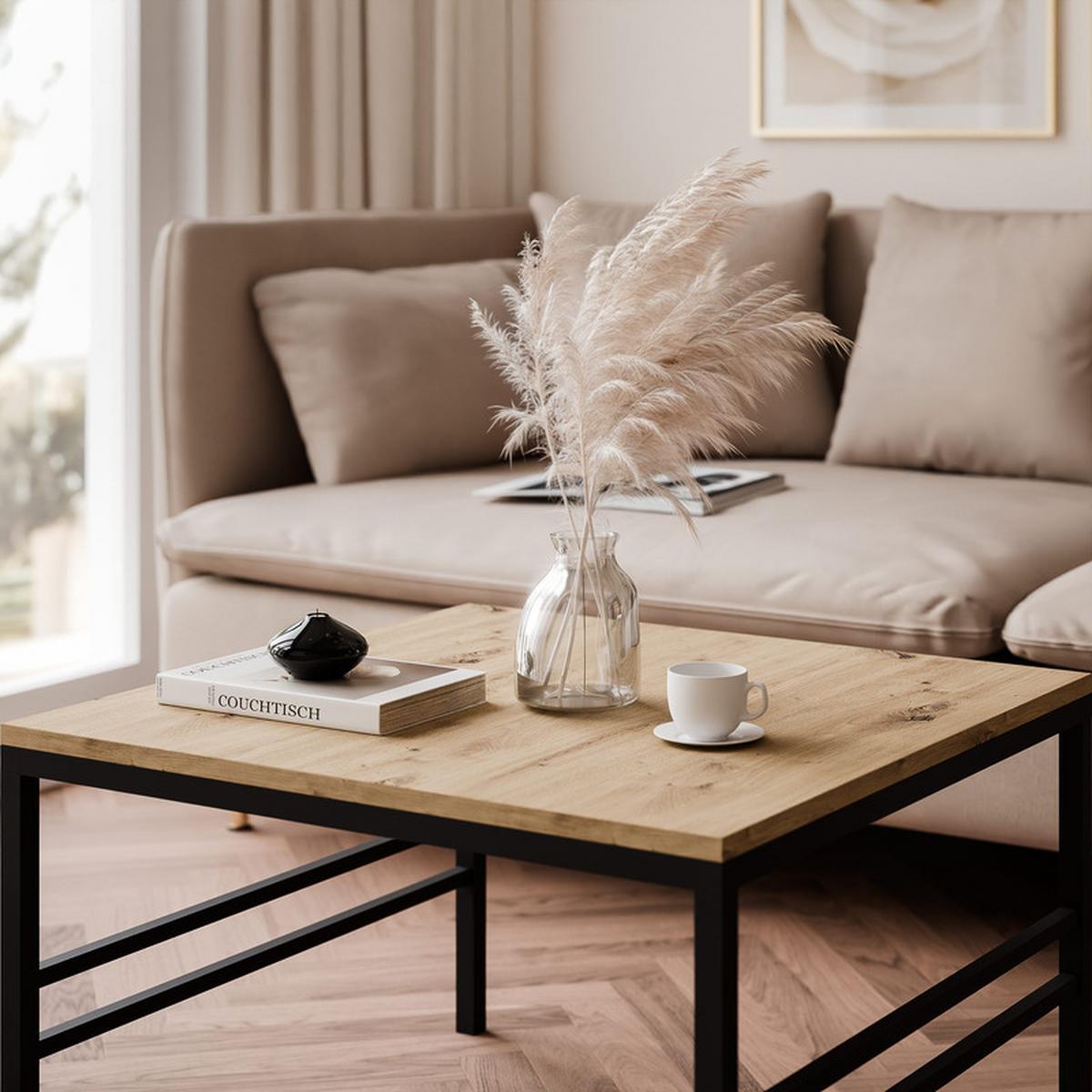 COUCHTISCH FORMA 60/60 cm Quadrat, Schwarz / Artisan-Eiche - Schwarz/Eiche Artisan, Metall (60/60/40cm) - Idohome