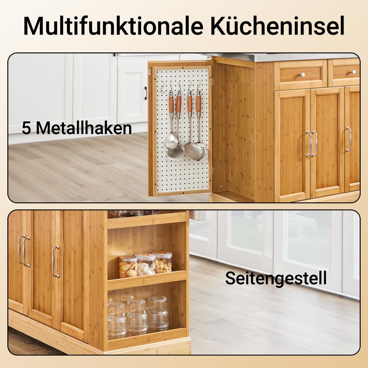 KÜCHENINSEL auf Rollen, Bambus, 107x92,5x(46–71) cm - Naturfarben, Holz/Holzwerkstoff (107/92.5/71cm) - SoBuy