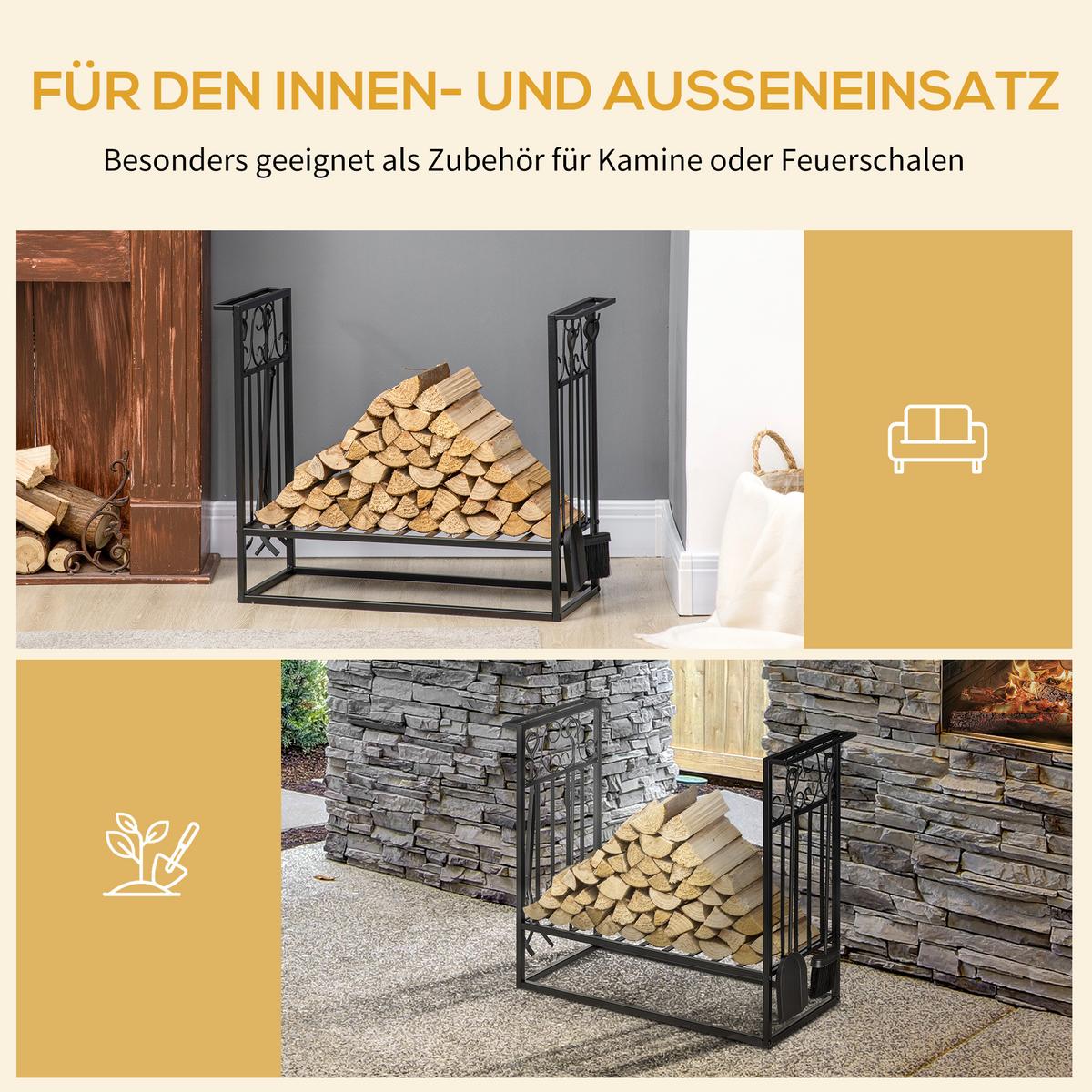 KAMINHOLZSTÄNDER mit Kaminbesteck Erhöhtes Brennholzregal Feuerholzablage Stahl - Schwarz, Metall (30/60/75cm) - HOMCOM
