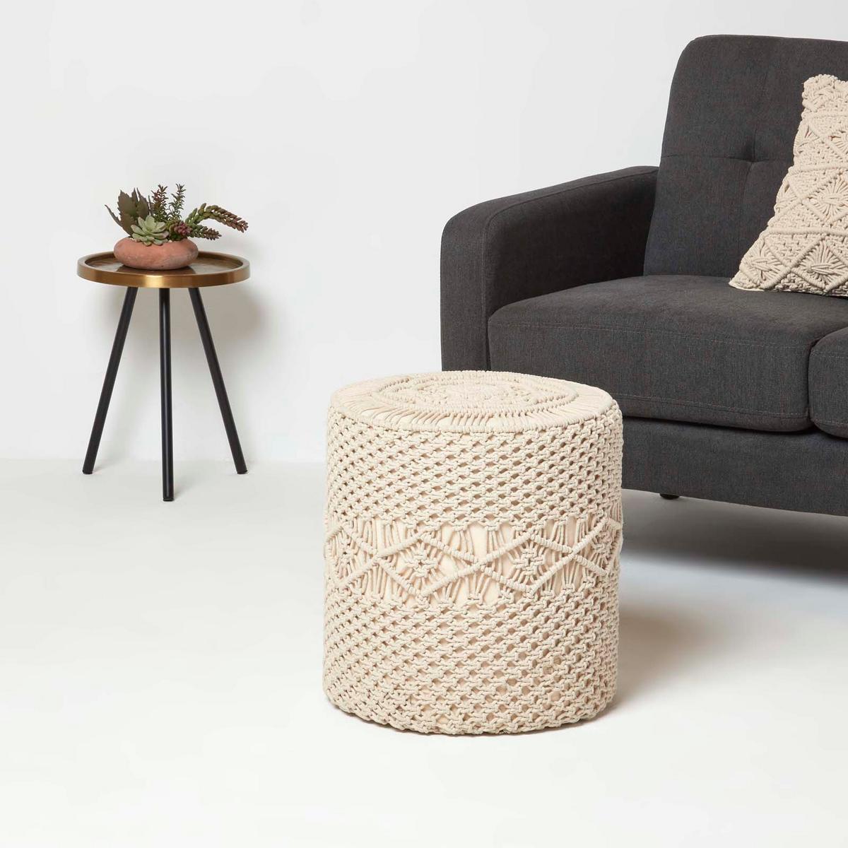 SITZPOUF Astrid rund, natur im Makramee-Stil, 40/40/42 cm - Naturfarben, Textil (40/42/40cm) - Homescapes