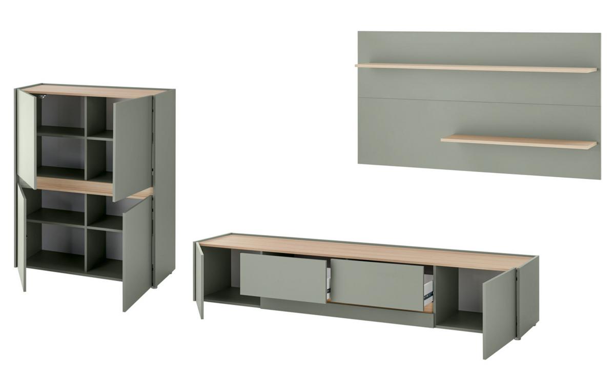 WOHNWAND 3-teilig Salbei grün, Barista Eiche 343 cm, Schrankwand in modernem Design - Salbeigrün/Eichefarben, Holzwerkstoff/Kunststoff (343/180/45cm) - Furn.Design