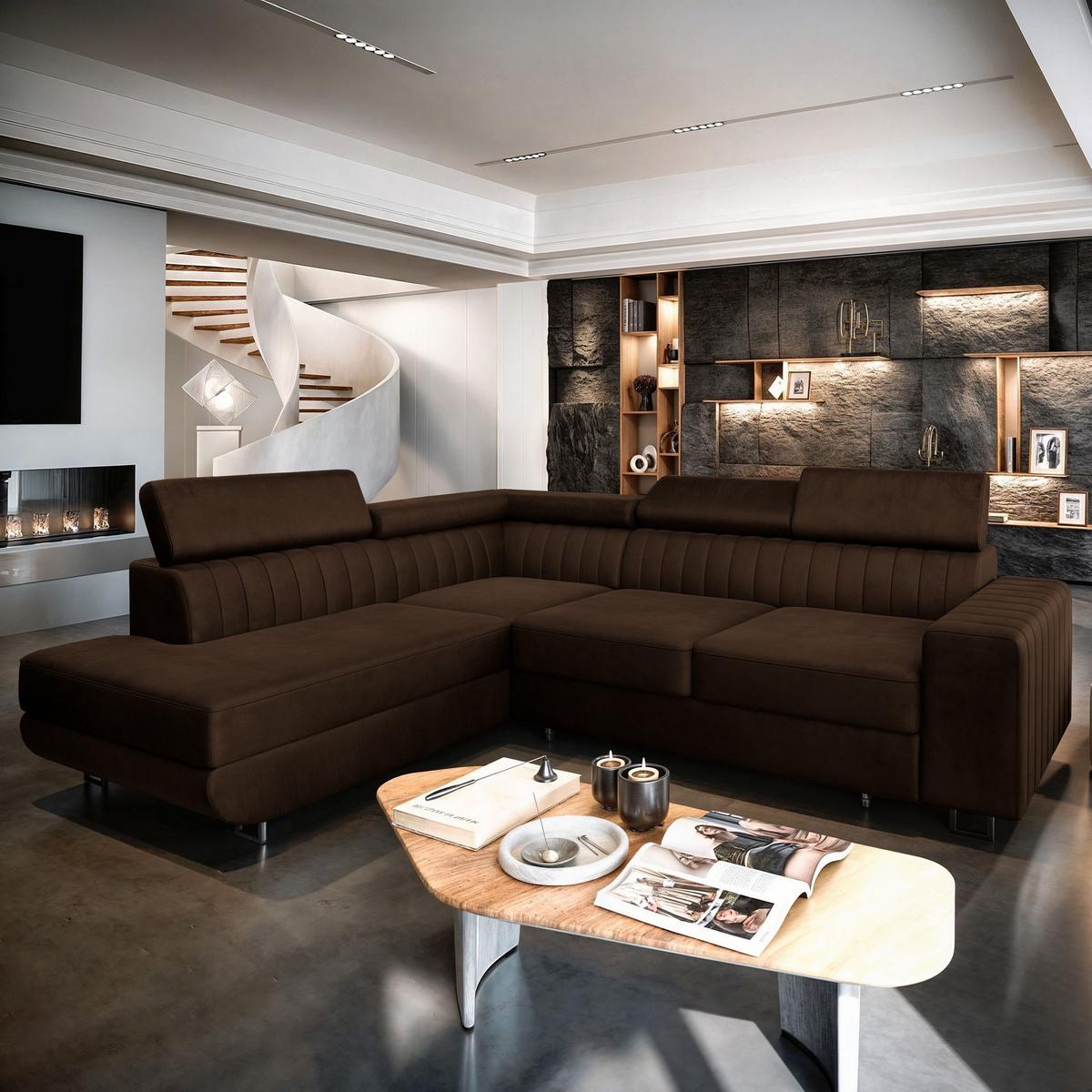 ECKSOFA NOLA L-S Braun Velours-Stoff mit Schlaffunktion - Silberfarben/Braun, Holz/Textil (253/190cm) - MASSENO