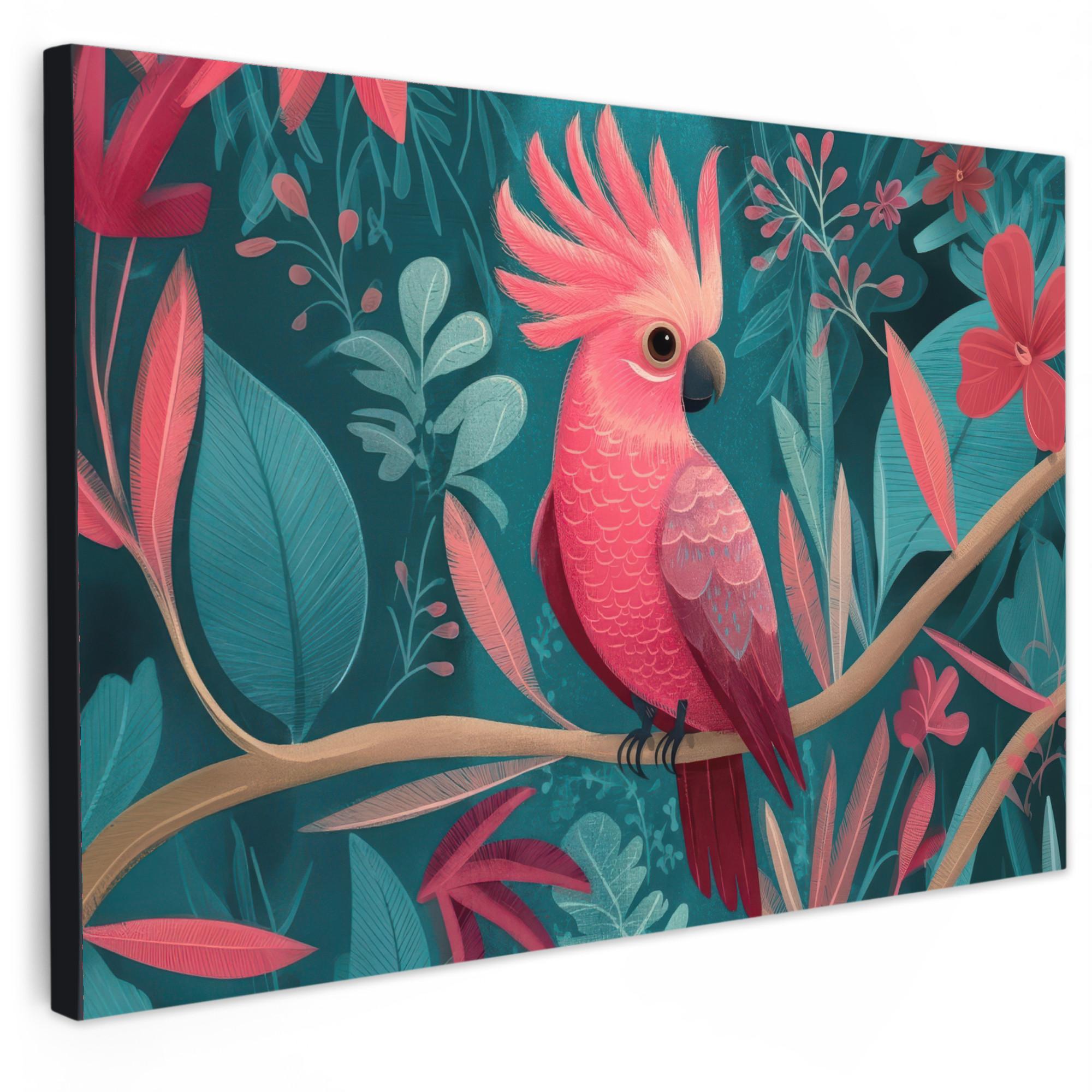 LEINWANDBILD Kakadu - Tropische Blätter - Zweig Wohnzimmer Groß 120x80 cm - Petrol, Textil (120/80cm) - MuchoWow