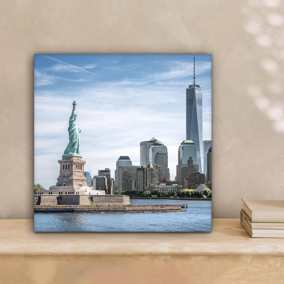 LEINWANDBILD New York - Freiheitsstatue - Wasser Deko Wohnzimmer 20x20 cm - Hellblau, Textil (20/20cm) - MuchoWow