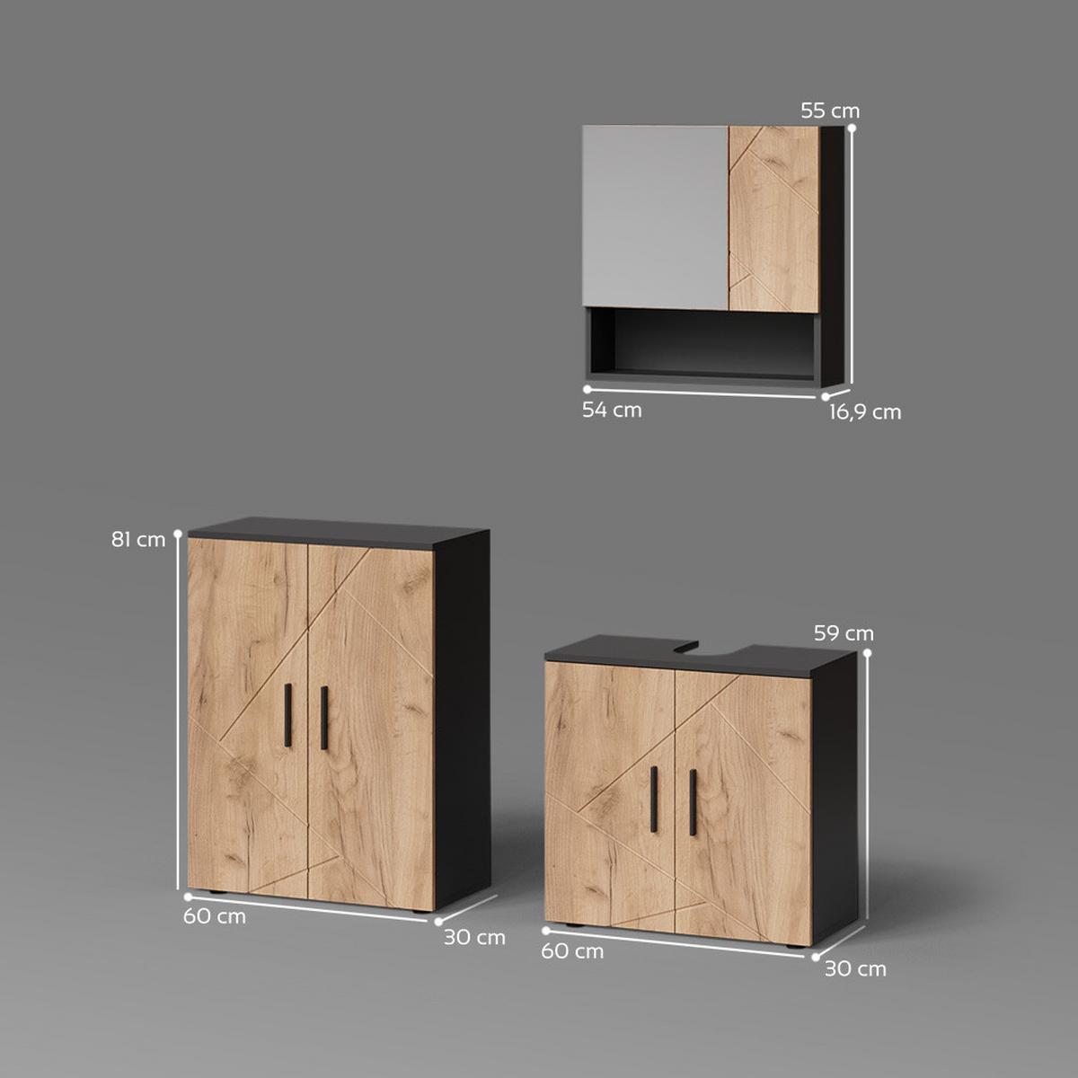 BADMÖBEL-SET Ronco Goldkraft Eiche/Anthrazit 3 Teile, mit Unterschrank 60 cm - Honigeiche/Anthrazit, Holzwerkstoff (60/59/30cm) - Livinity®
