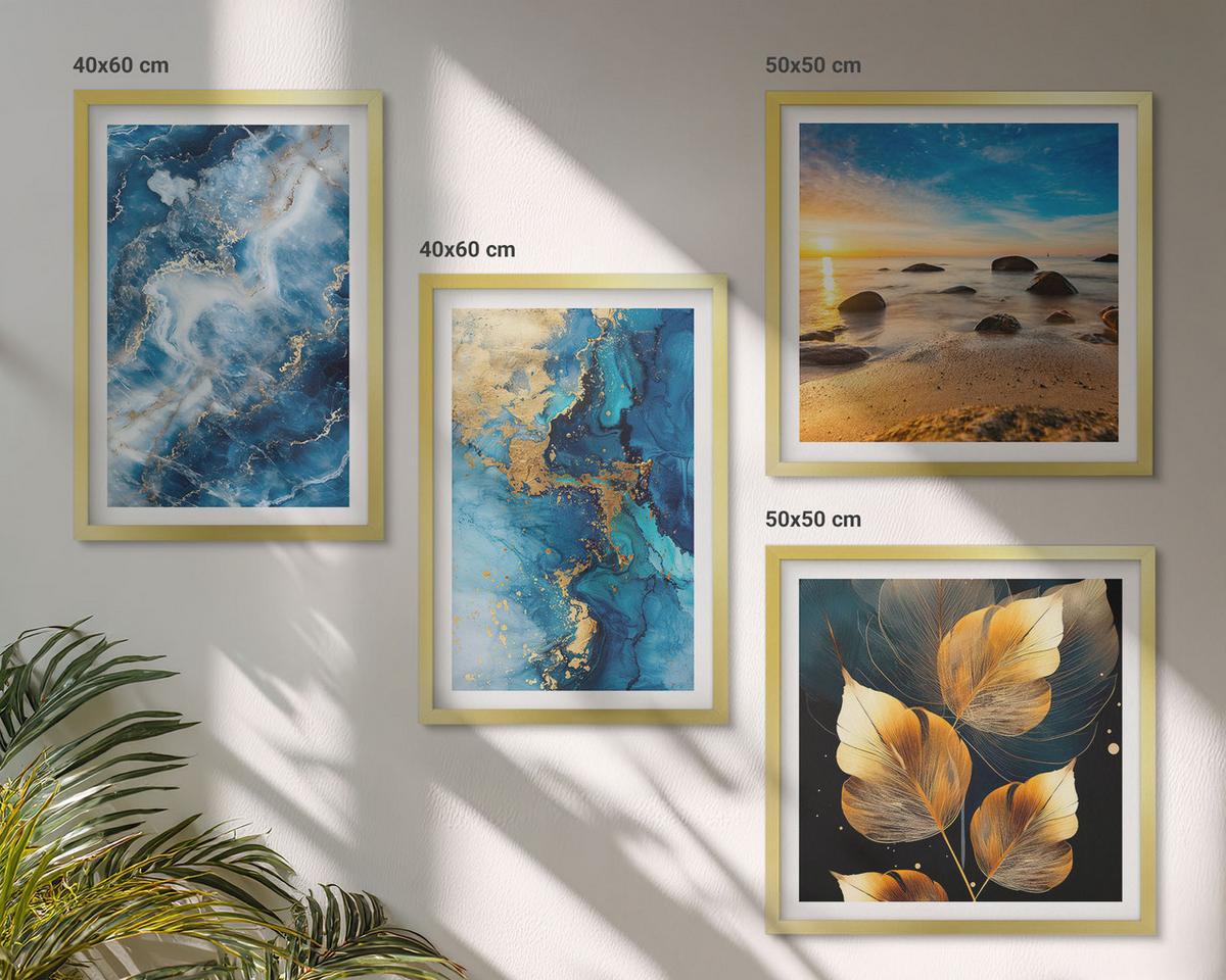 BILDER SET 4er Set - 50x50 cm & 40x60 cm Goldrahmen - Bilder mit blau-goldenen Mustern - Goldfarben, Kunststoff (50/50cm) - TULUP