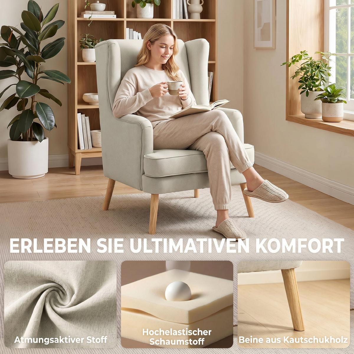 OHRENSESSEL Leinen Gummiholz Beige - Beige/Naturfarben, Holz/Textil (77/110/77cm) - HOMCOM
