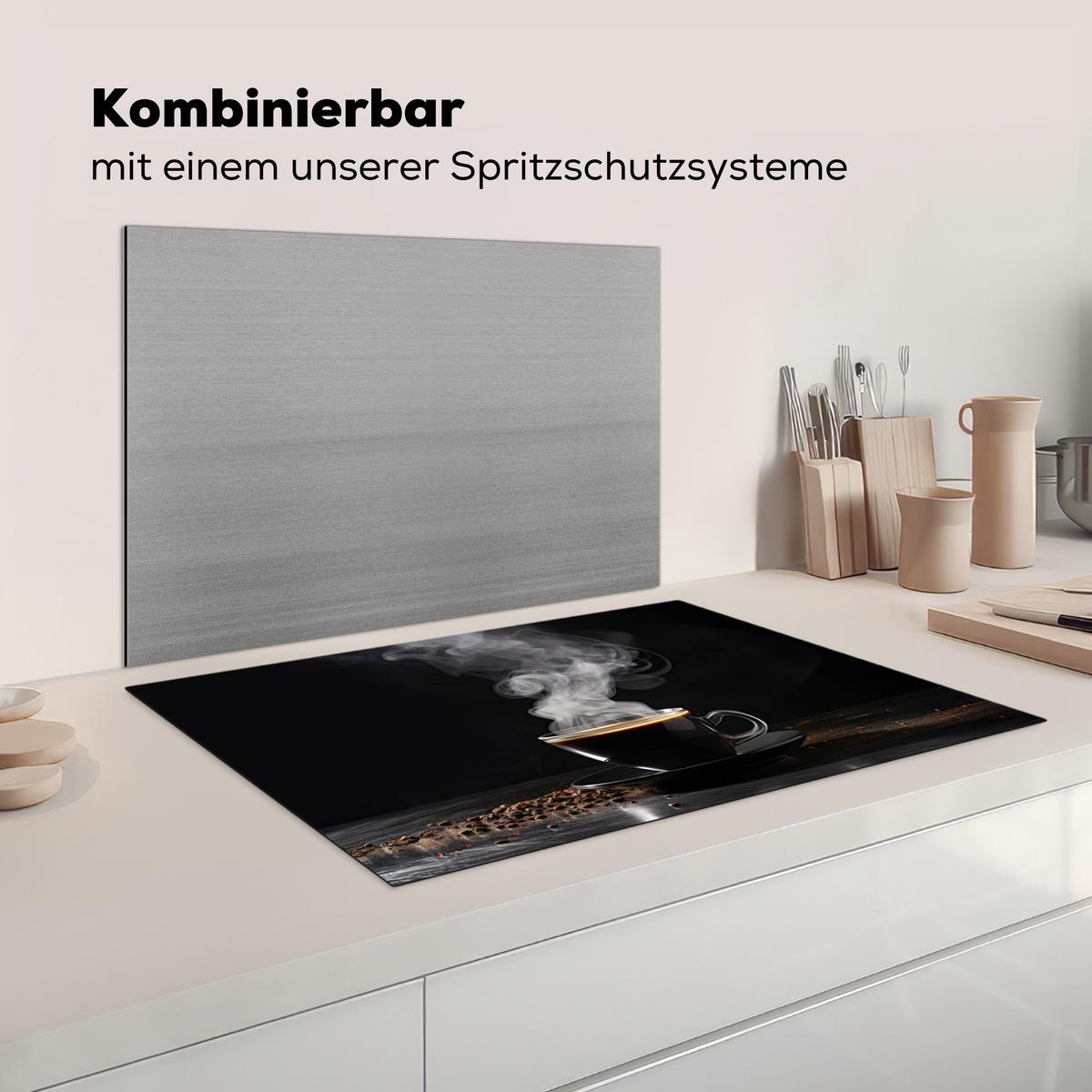 HERDABDECKPLATTE Kaffee - Schwarz - Bohnen - Heiß - Tasse Ceranfeldabdeckung 80x52 cm - Schwarz, Kunststoff (80/52/0.2cm) - MuchoWow