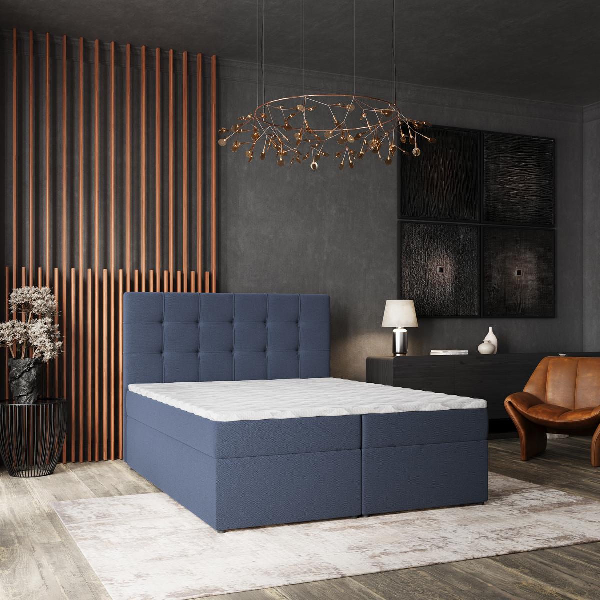BOXBETT PALMA 180x200 cm mit Matratze und Topper, H2+H3 - Blau - Blau, Holz (180/200cm) - MASSENO