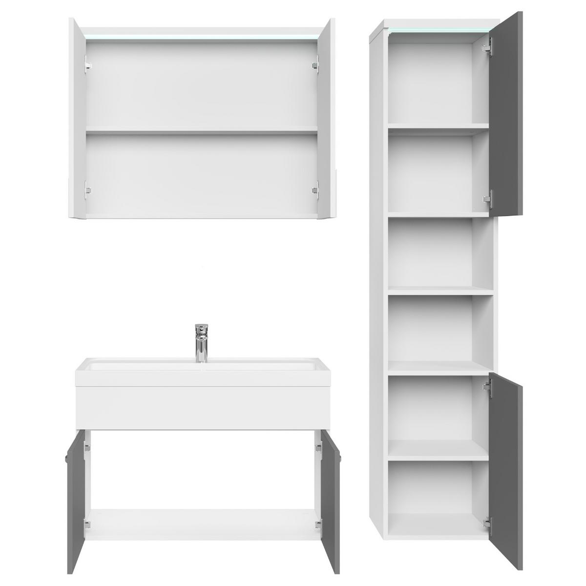 BADMÖBEL-SET Paso LED 4 Teile Weiß mit Hochglanz Grau - 80 x 35 x 55 cm - Weiß/Grau, Holz (80/55/40cm) - Badplaats