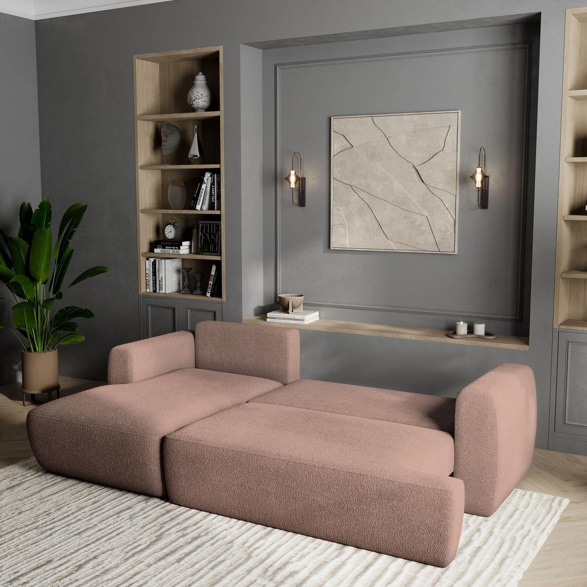 ECKSOFA SENTI N L-S Rosa Boucle-Stoff mit Schlaffunktion - Schwarz/Rosa, Holz/Kunststoff (246/148cm) - MASSENO