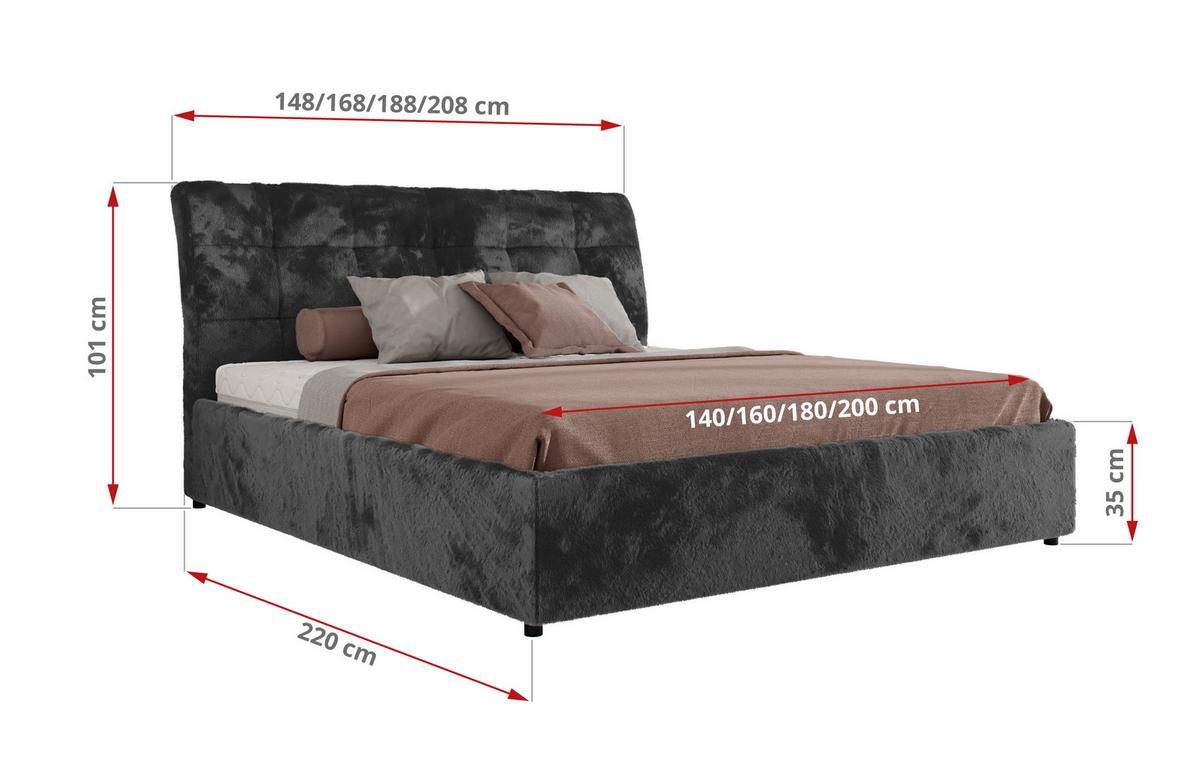 POLSTERBETT GALA CLASSIC 140/200 - Dunkelgrau Plüsch - Multipocket-Matratze - Dunkelgrau, Textil (140/200cm) - MKS