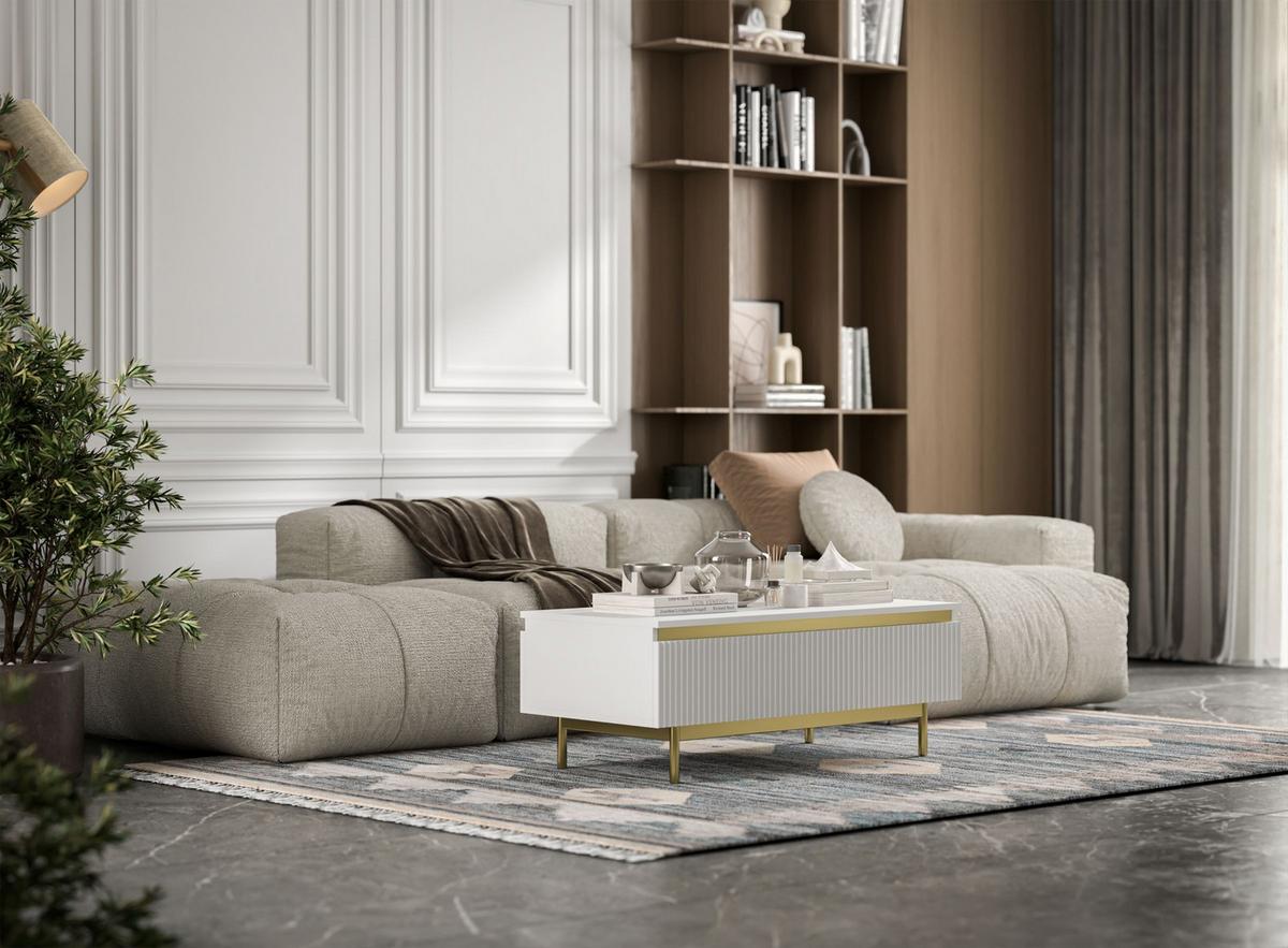 COUCHTISCH Selene Weiß matt 109 cm mit Metallrahmen - Goldfarben/Weiß, Holzwerkstoff/Metall (50/109/39cm) - Meble Lindner