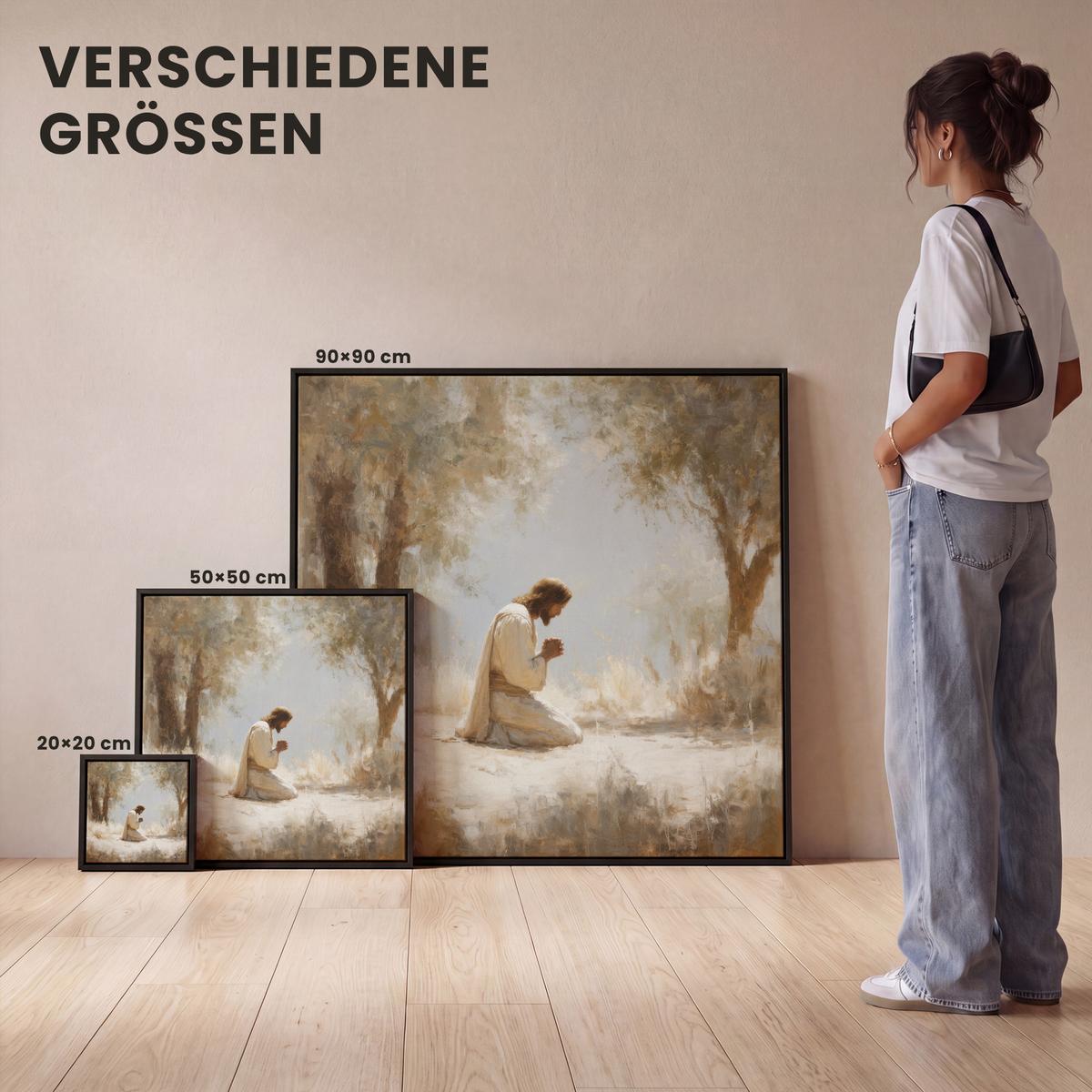 LEINWAND Bilder mit Rahmen - Jesus - Kniend - Waldlandschaft - Betend - 50x50 - Beige, Textil (50/50cm) - MuchoWow