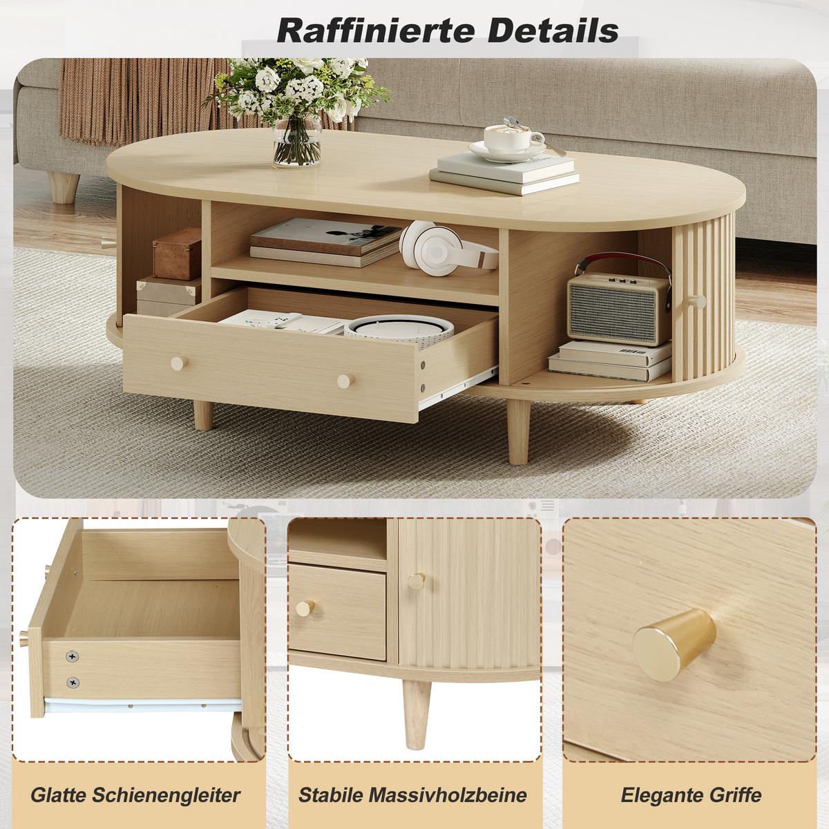 COUCHTISCH Ovales Design mit Rolltür & Schublade - Eichefarben, Holzwerkstoff (50/100/36cm) - Urban Meuble