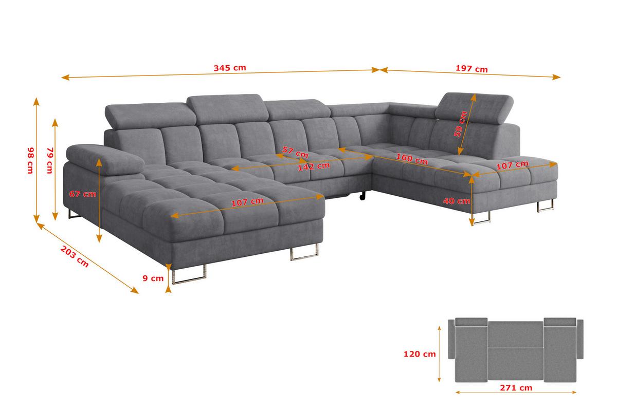 WOHNLANDSCHAFT mit Schlaffunktion und Bettkasten Ottomane RECHTS COMA U 345x203x79 Grau Velours - Grau, Holzwerkstoff/Textil (203/79/345cm) - ALTDECOR