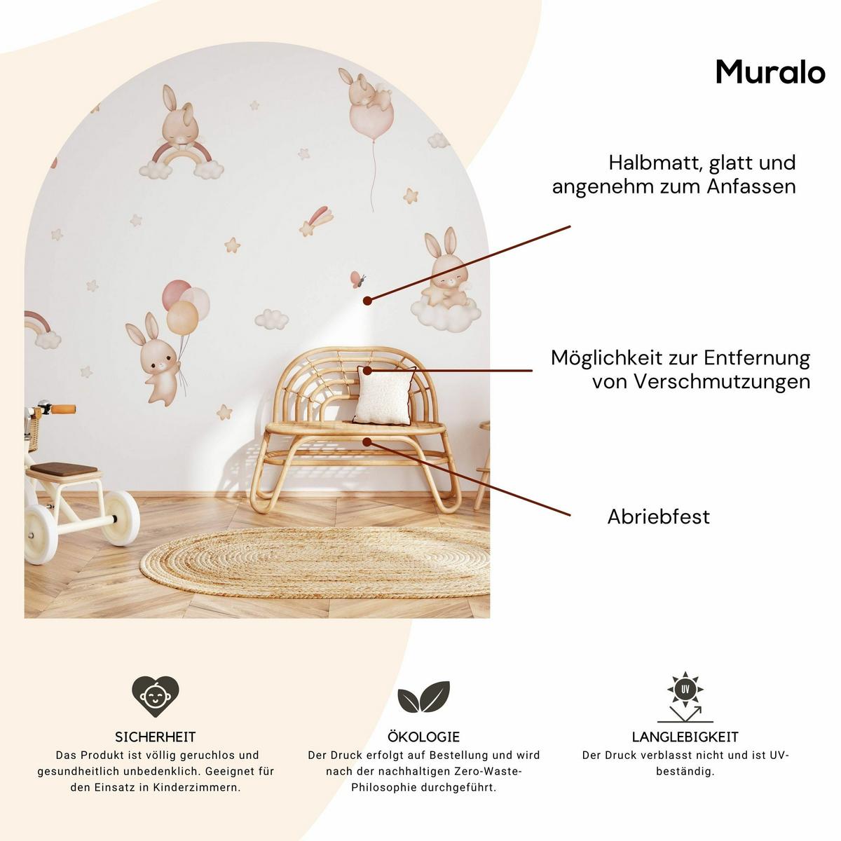 WANDAUFKLEBER SET Kaninchen Sternen Wolken Regenbogen 60x30 - Beige/Rot, Papier (60/30/1cm) - Muralo