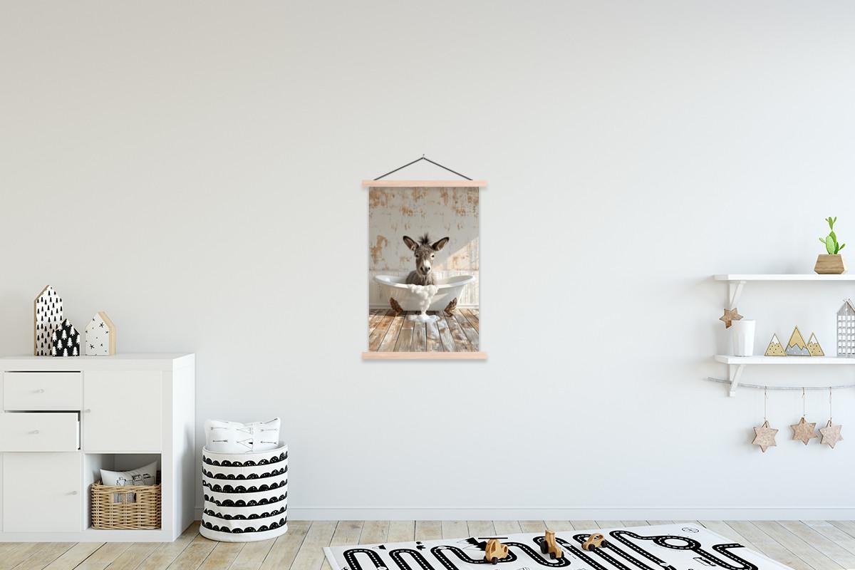 POSTER MIT MAGNETLEISTEN Esel - Tiere - Badewanne - Schaumstoff Wandbild Schlafzimmer 60x90 cm - Weiß, Textil (60/90/0.15cm) - MuchoWow