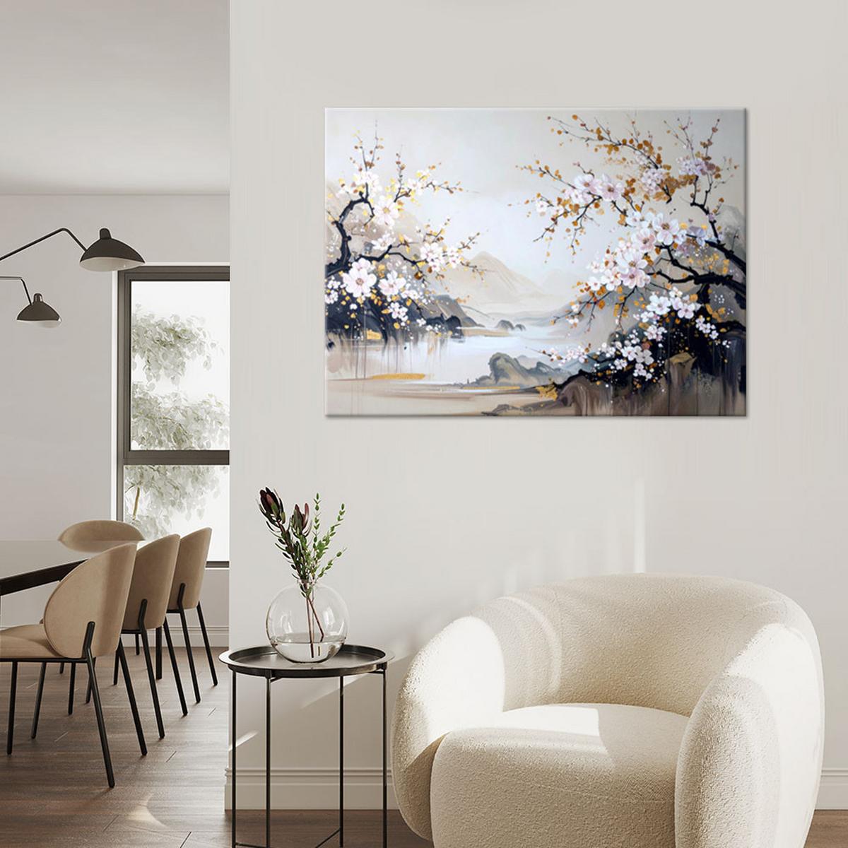 BILDER, Japanische Landschaft Kirschblüten beige - Weiß, Textil (100/70cm) - Feeby