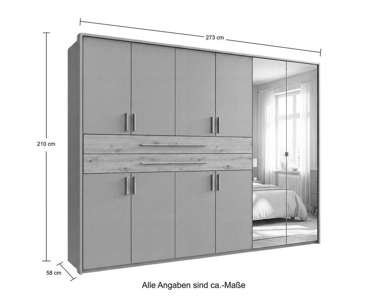DREHTÜRENSCHRANK B273/H210/T58 cm in Grafit, Kleiderschrank mit Passepartout, 2 Spiegel, 2 großen Schubkästen & Griffen in Eiche Artisan Dekor / 22652 - Graphitfarben/Eiche Artisan, Holzwerkstoff/Kunststoff (273/210/58cm) - luma-home