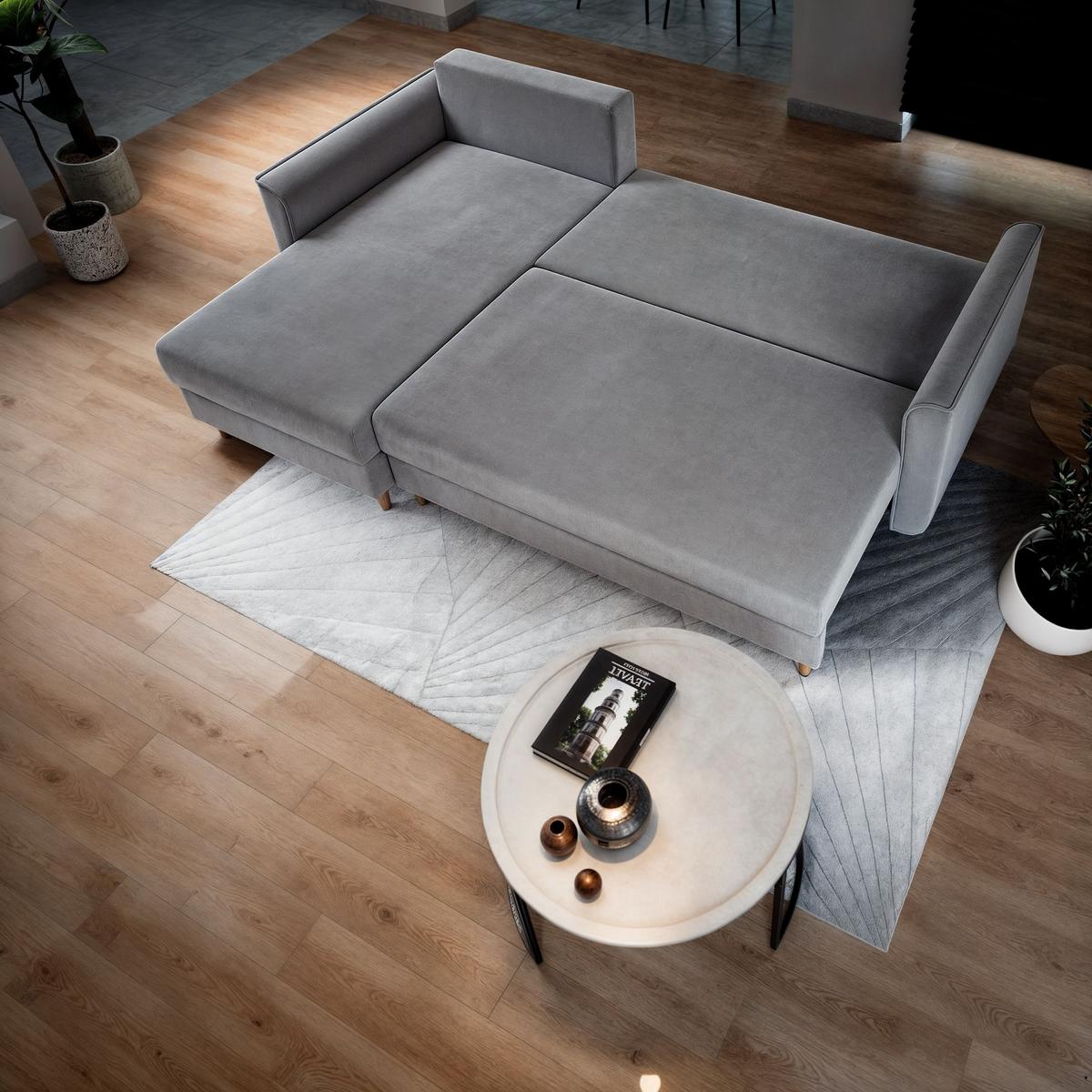 ECKSOFA PISAN L-S Hellgrau Plüsch-Stoff mit Schlaffunktion - Hellgrau/Braun, Holz/Textil (220/140cm) - MASSENO