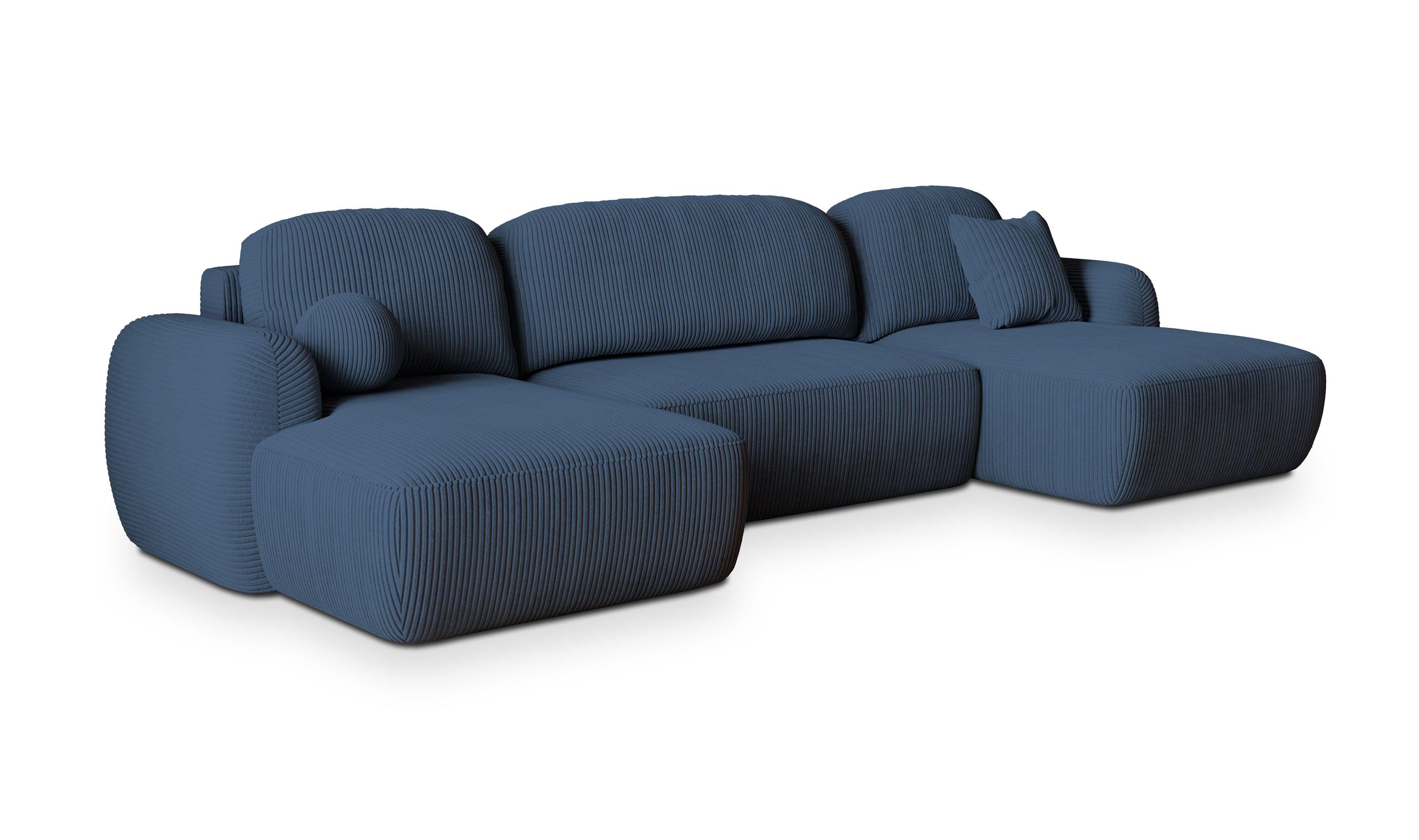 WOHNLANDSCHAFT SAVONA P Blau Kordstoff mit Schlaffunktion - Blau/Schwarz, Holz/Kunststoff (320/90/148cm) - MASSENO