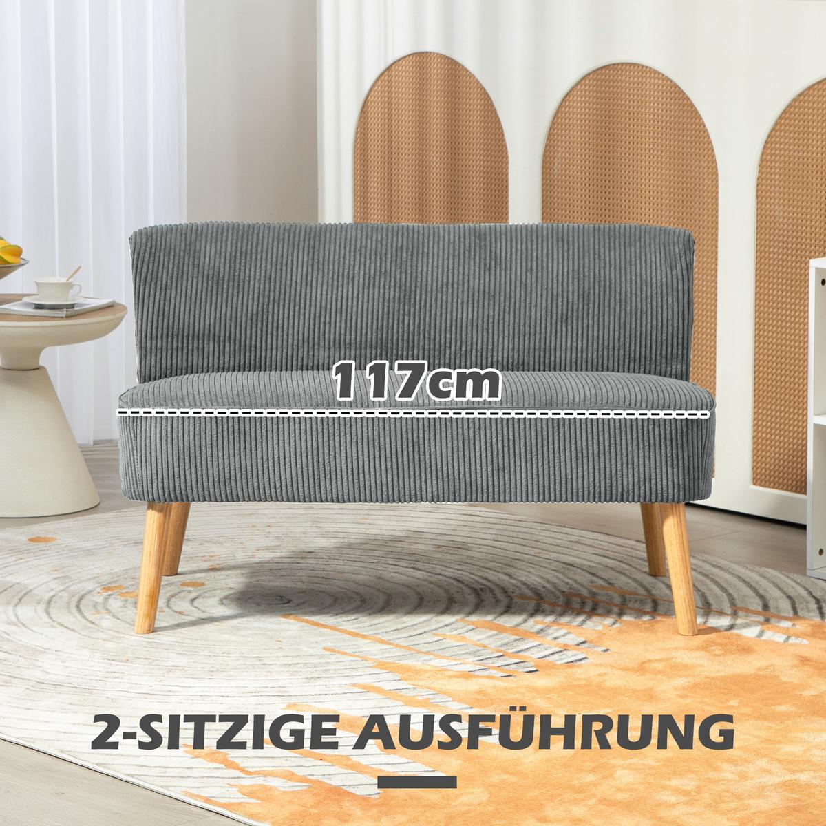 2 Sitzer Sofa, Gepolsterte Couch mit Kordoptik, Holzbeine für Wohnzimmer, Grau - Hellgrau/Naturfarben, Holz/Textil (56.5/77/117cm) - HOMCOM