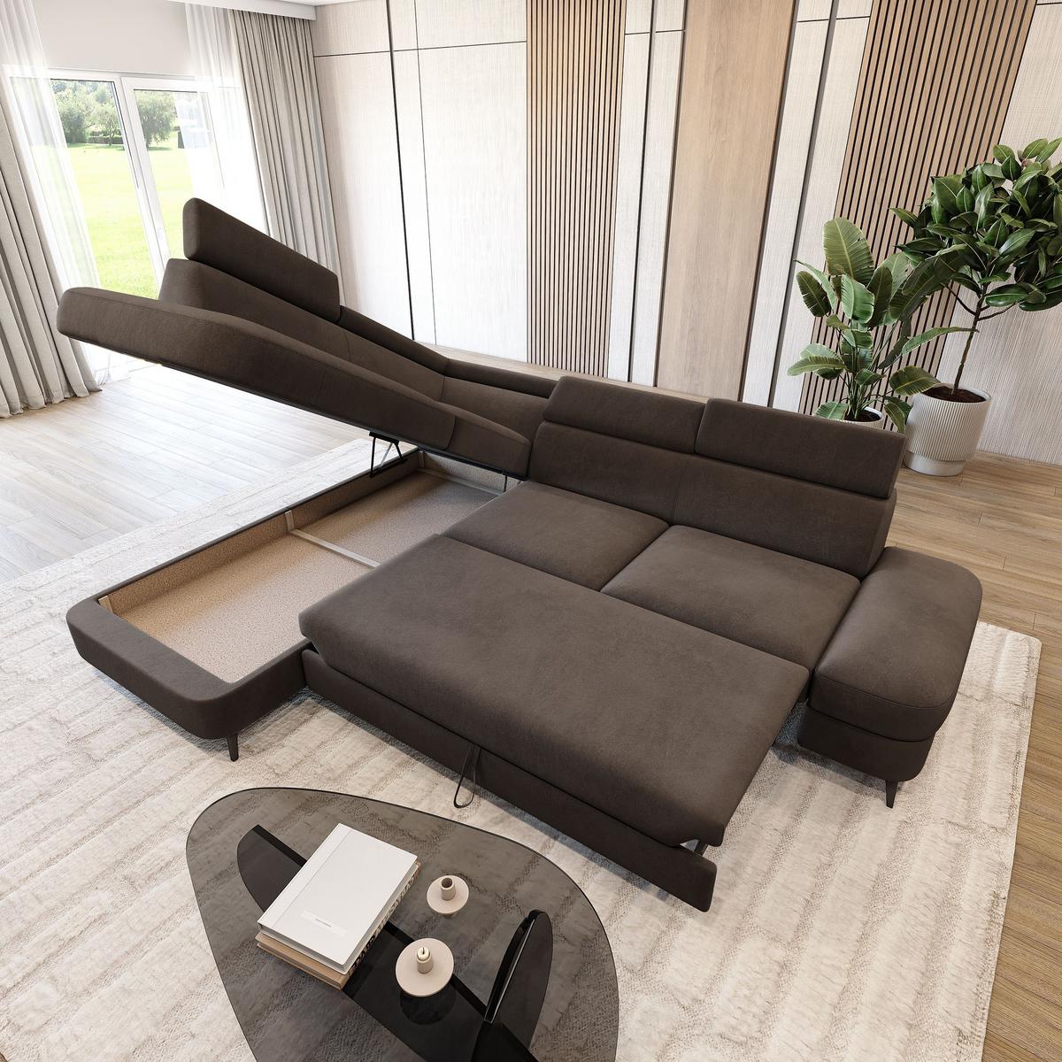 ECKSOFA AVISE MV L-S Braun Velours-Stoff mit Schlaffunktion - Braun, Holzwerkstoff/Textil (268/195cm) - MASSENO