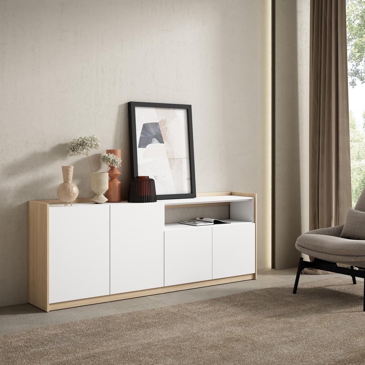 SIDEBOARD, Highboard, Weiß und Eiche Soft, 207/37/80cm - Weiß, Holzwerkstoff (207/80/37cm) - Skraut Home