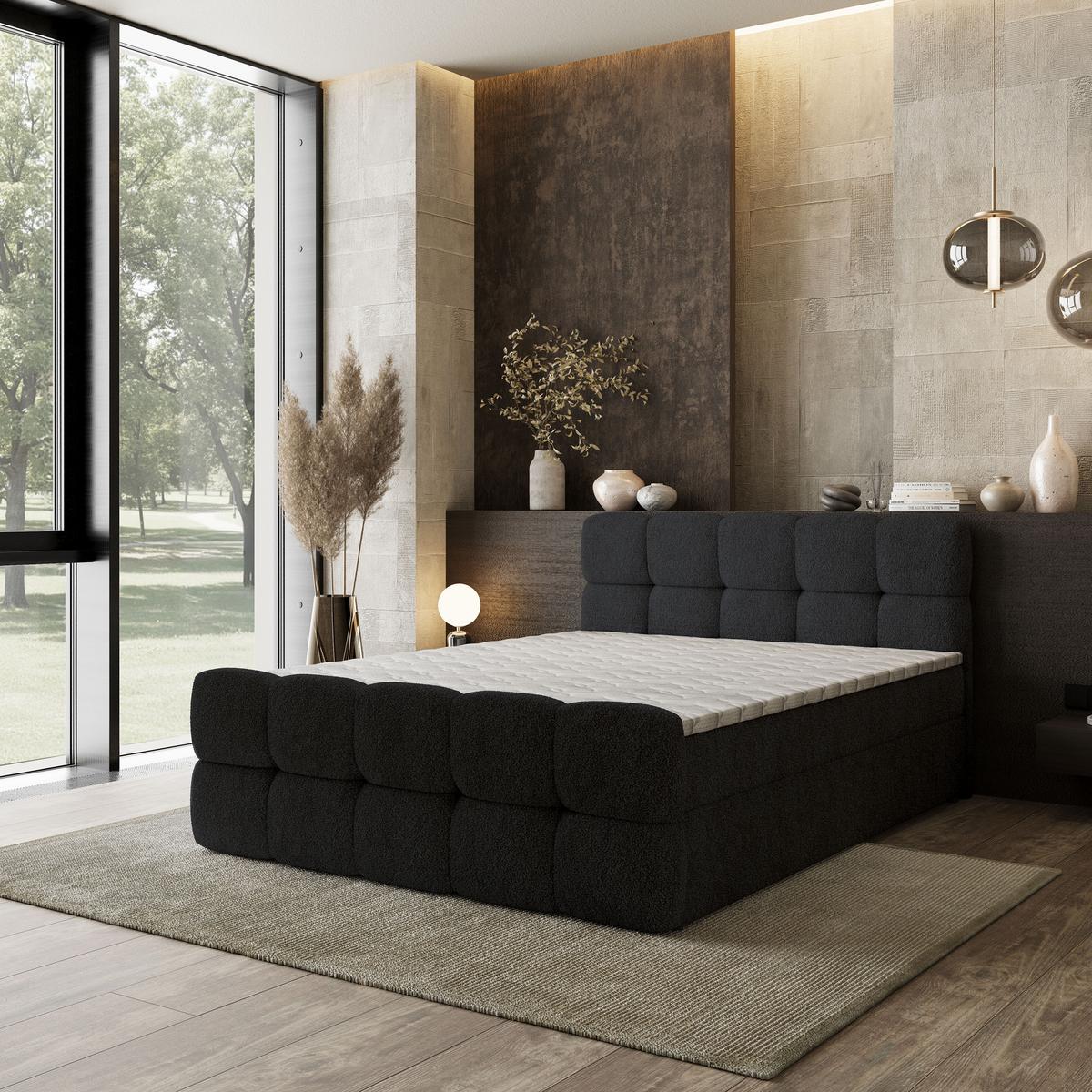 BOXBETT BRUME 180x200 cm mit Matratze und Topper, H2+H3 - Schwarz - Schwarz, Holz (180/200cm) - MASSENO