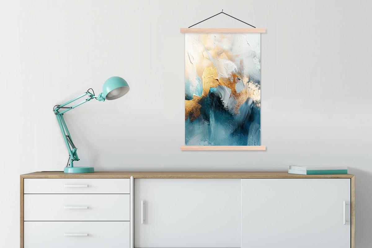 POSTER MIT MAGNETLEISTEN Abstrakt - Kunst - Gold - Blau Wandbild Schlafzimmer 60x90 cm - Petrol, Textil (60/90/0.15cm) - MuchoWow