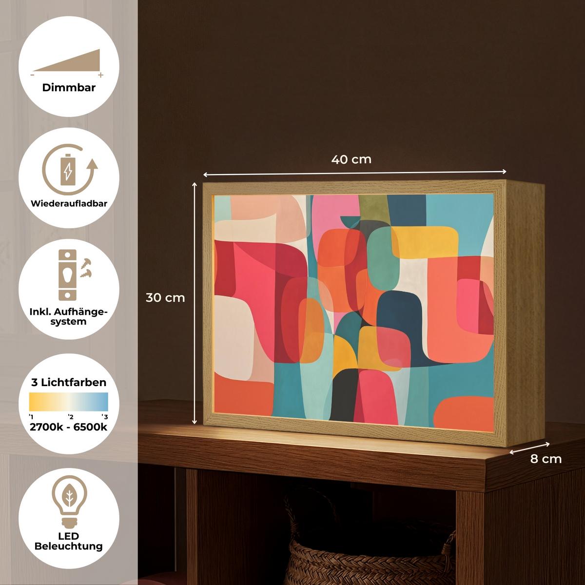 WANDLEUCHTE MIT AKKU Formen - Bunt - Abstrakt - Flugzeuge 40x30 cm - Multicolor, Holzwerkstoff (40/30/8cm) - OnlyWow