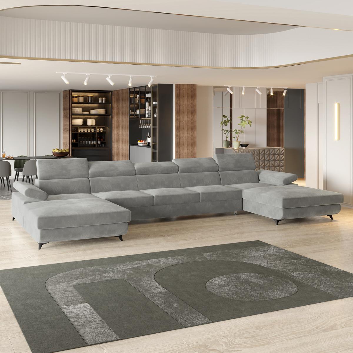 WOHNLANDSCHAFT VIVENTE Hellgrau Velours-Stoff mit Schlaffunktion - Hellgrau, Holz (410/89/190cm) - MASSENO