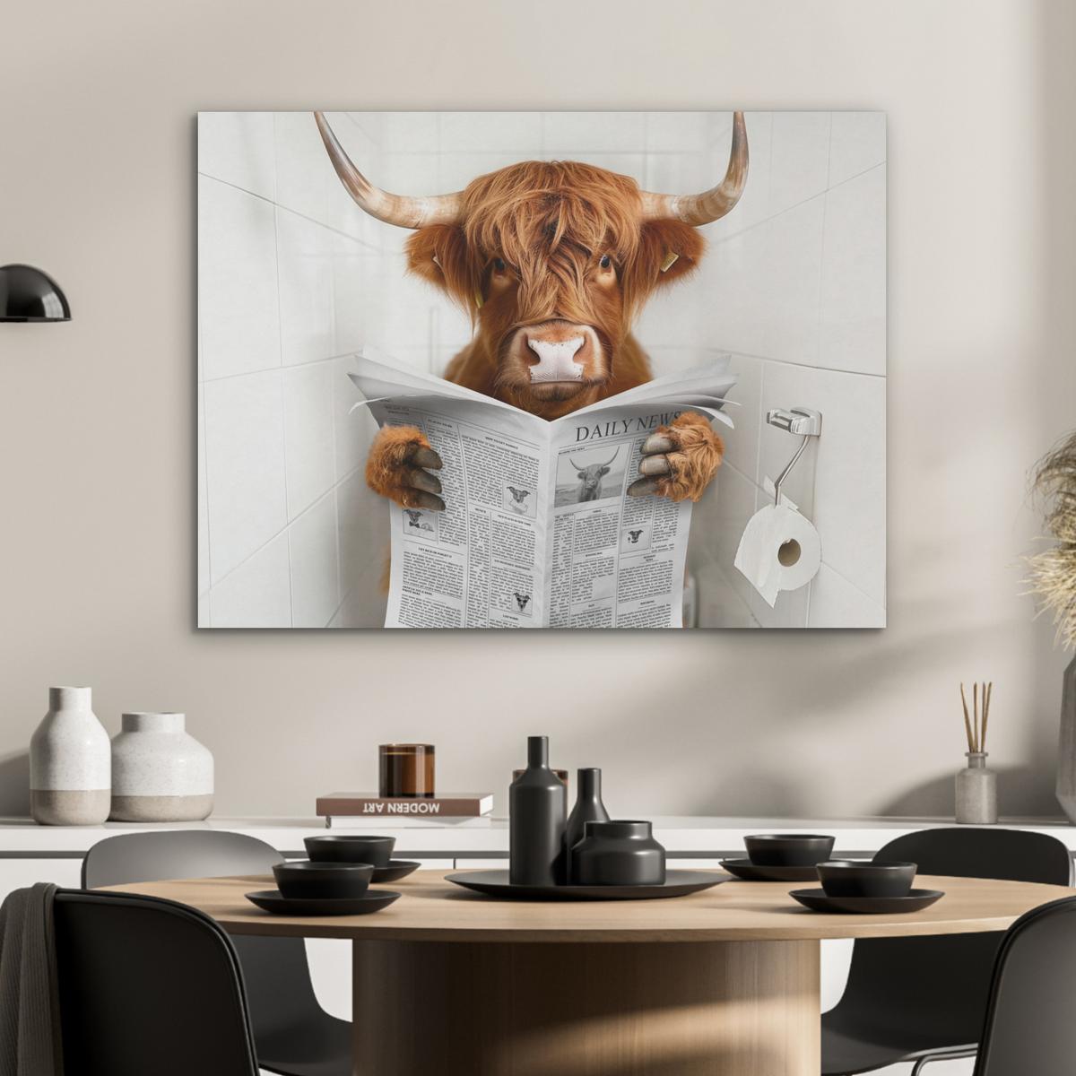 AKUSTIKBILD Schottischer Highlander - Tier - Zeitung - Toilette Gemälde 80x60 cm - Kastanienfarben, Kunststoff (80/60/0.9cm) - MuchoWow