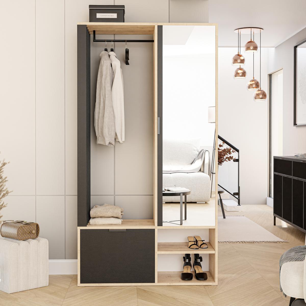 GARDEROBENSCHRANK mit Spiegel-mit Ablagen und Kleiderstange - Schwarz/Braun, Holzwerkstoff (100/190/33cm) - Idohome
