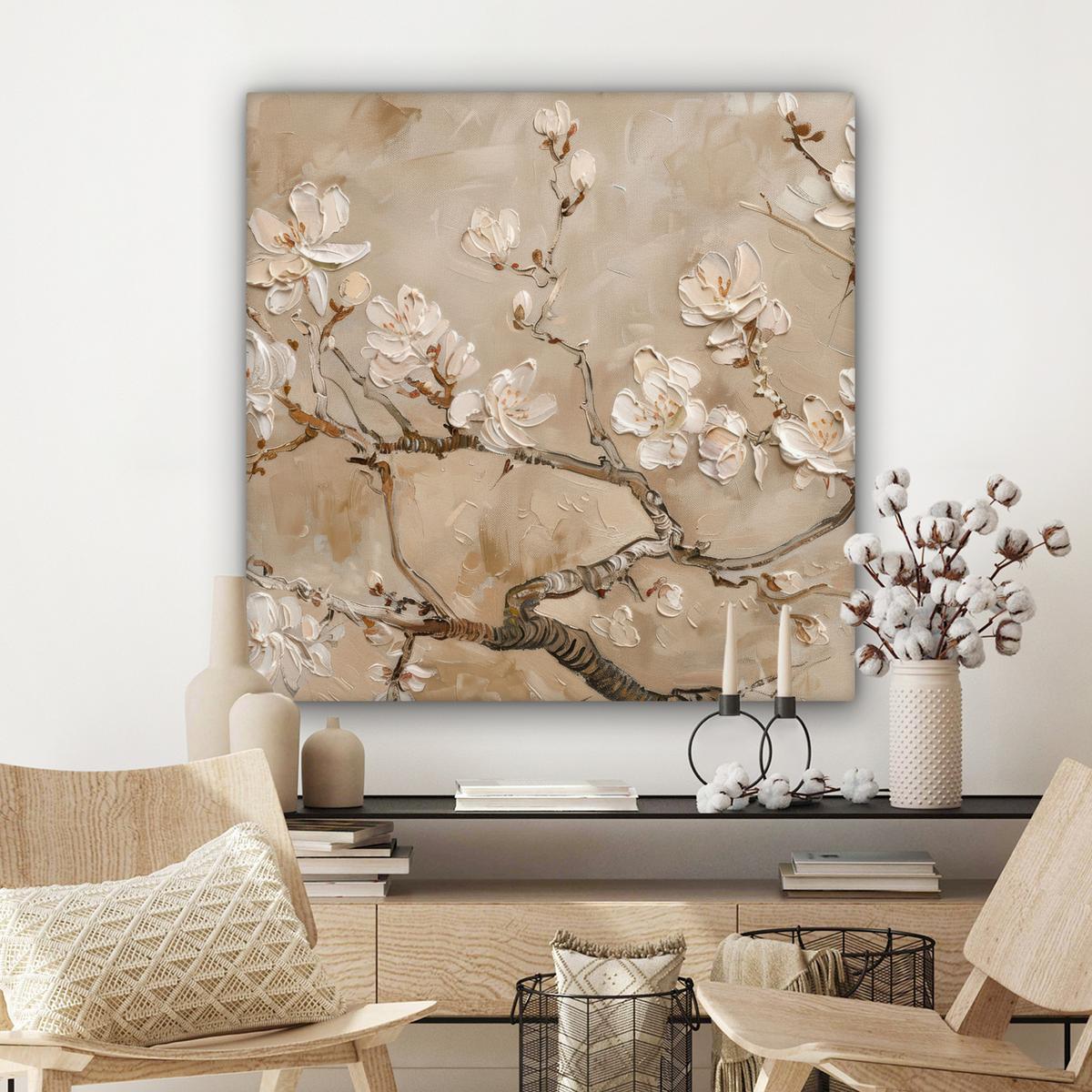 LEINWANDBILD Blumen - Modern - Beige - Weiß - Blüte Deko Groß 90x90 cm - Beige, Textil (90/90cm) - MuchoWow