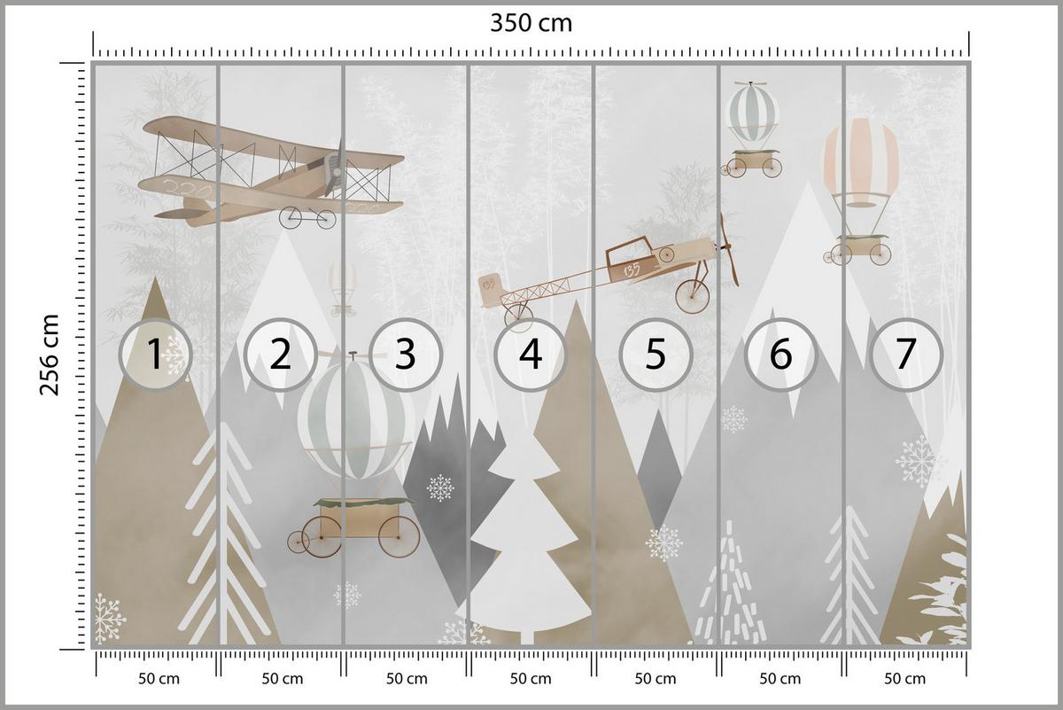 FOTOTAPETE für Kinderzimmer Flugzeuge Bergen Bäume 350x256 - Beige/Braun, Papier (350/256cm) - Muralo