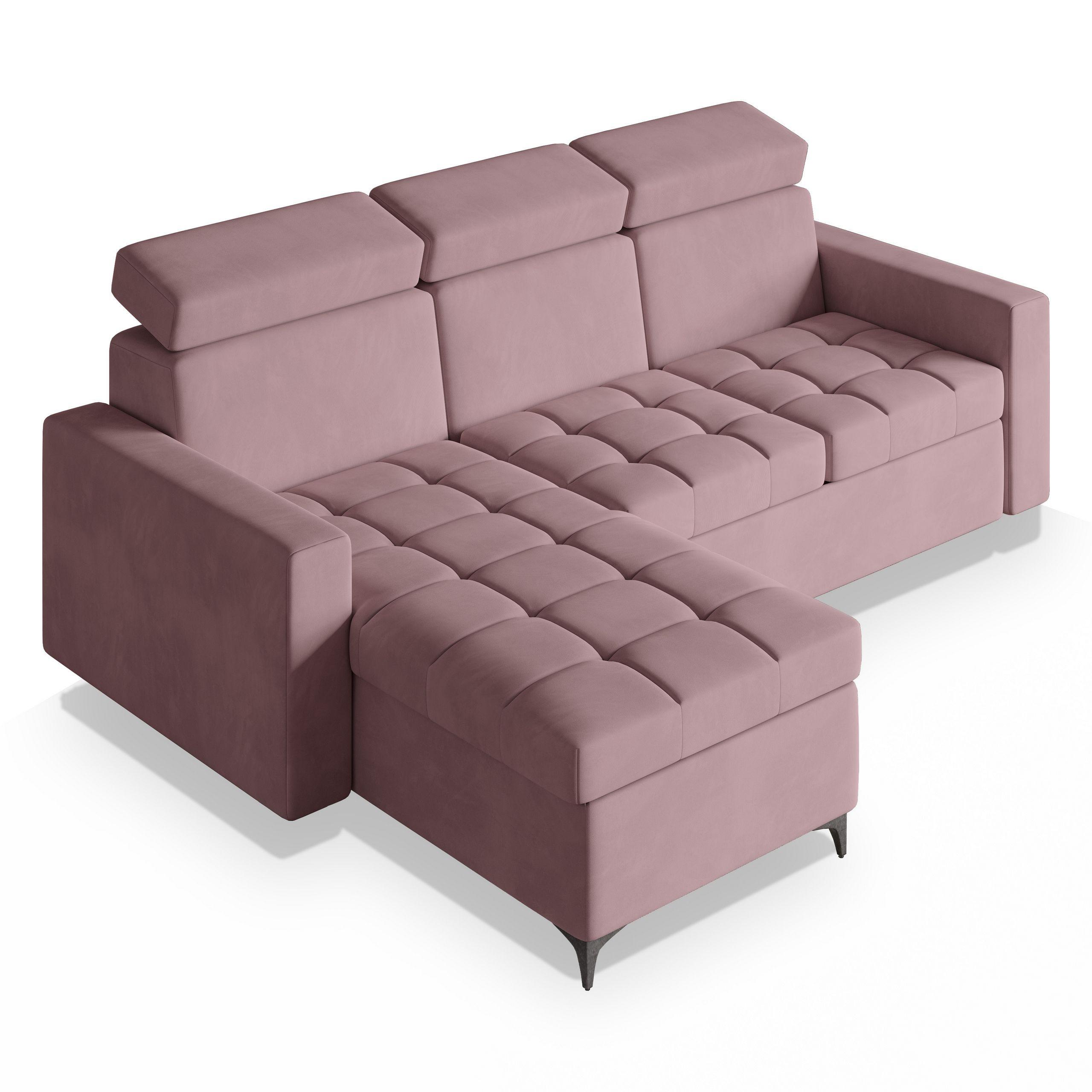 ECKSOFA KAME Rosa Plüsch-Stoff mit Schlaffunktion - Schwarz/Rosa, Holz/Textil (227/168cm) - MASSENO