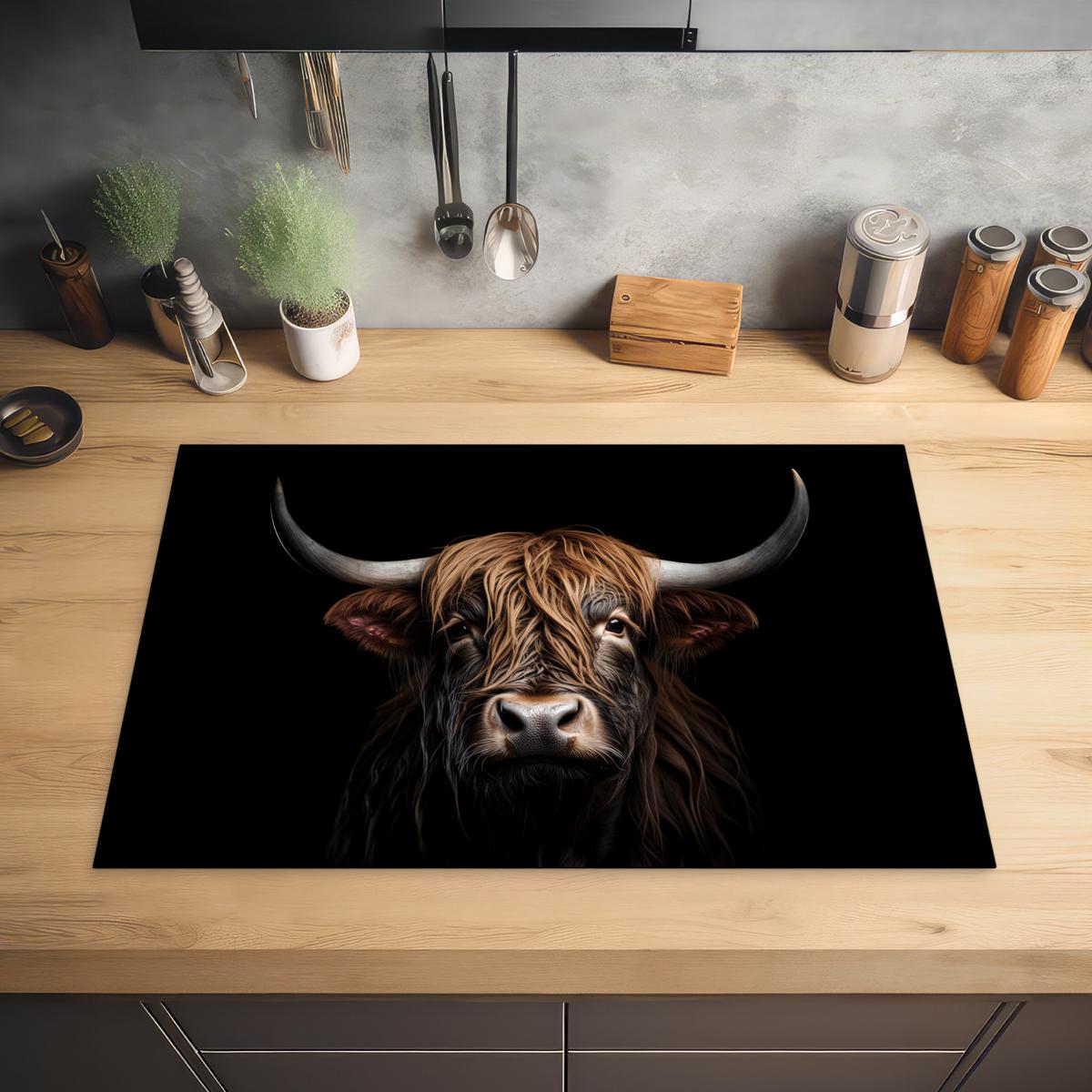 HERDABDECKPLATTE Schottischer Highlander - Porträt - Schwarz - Tier Ceranfeldabdeckung 76x51.5 cm - Braun, Kunststoff (76/51.5/0.2cm) - MuchoWow