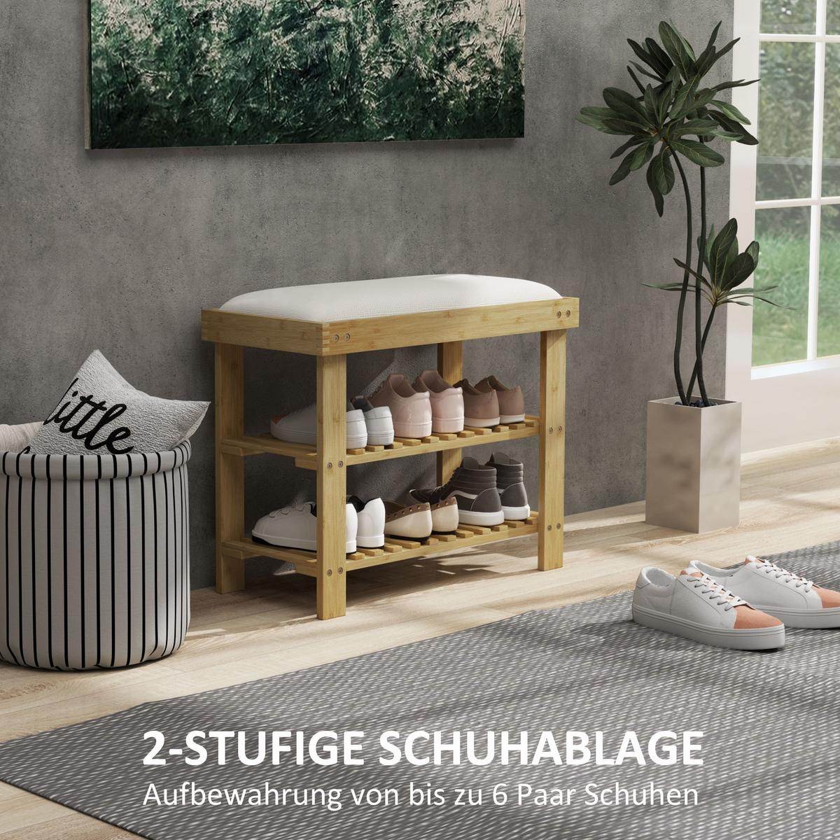SCHUHBANK mit Sitzfläche, Bambus Sitzbank mit Stauraum, Schuhregal mit 2 Fächer - Multicolor, Textil (29/49/60cm) - HOMCOM